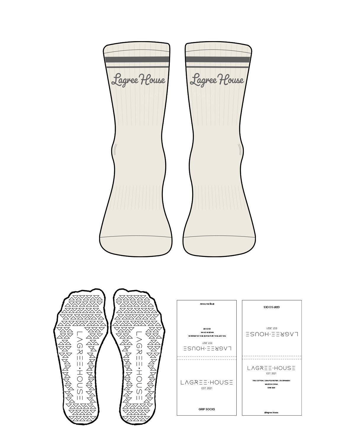 The 3/4 Crew Sock - Off White - Lagree House - 2 Strips - Top Logo - Charcoal - Triangle Shape Grip - Transparent
