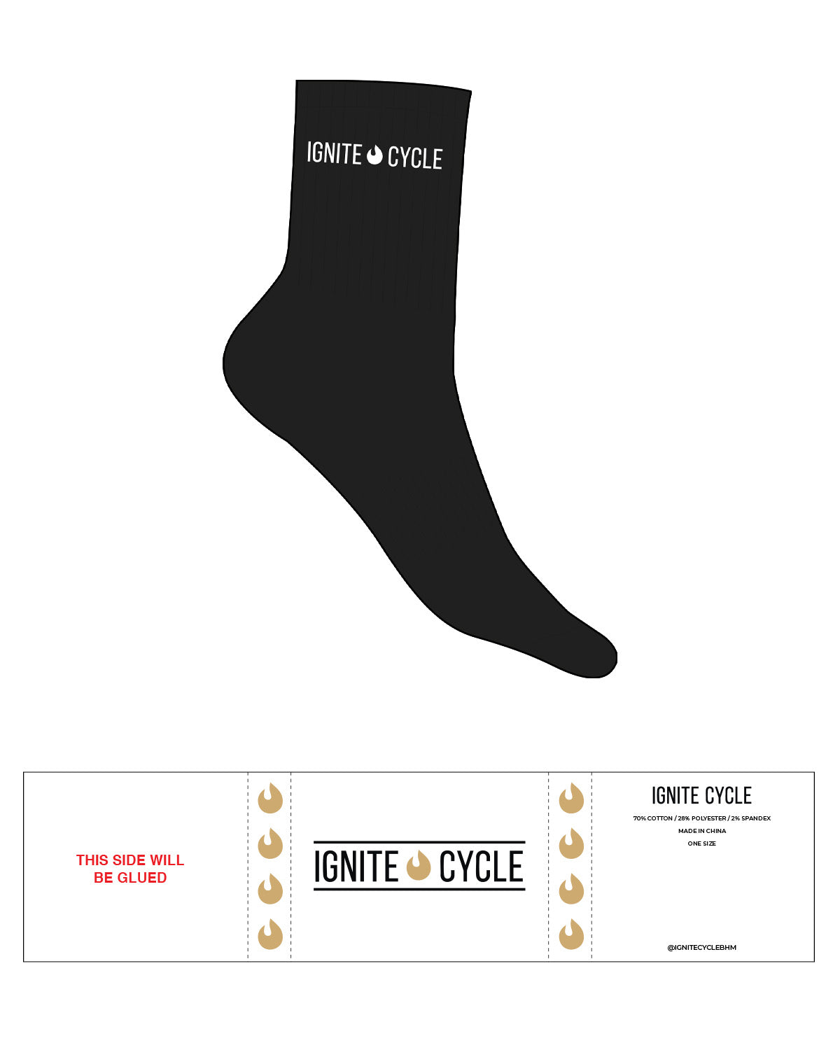 The 3/4 Crew Sock - Black - Ignite Cycle - Top Text W/ Icon - White