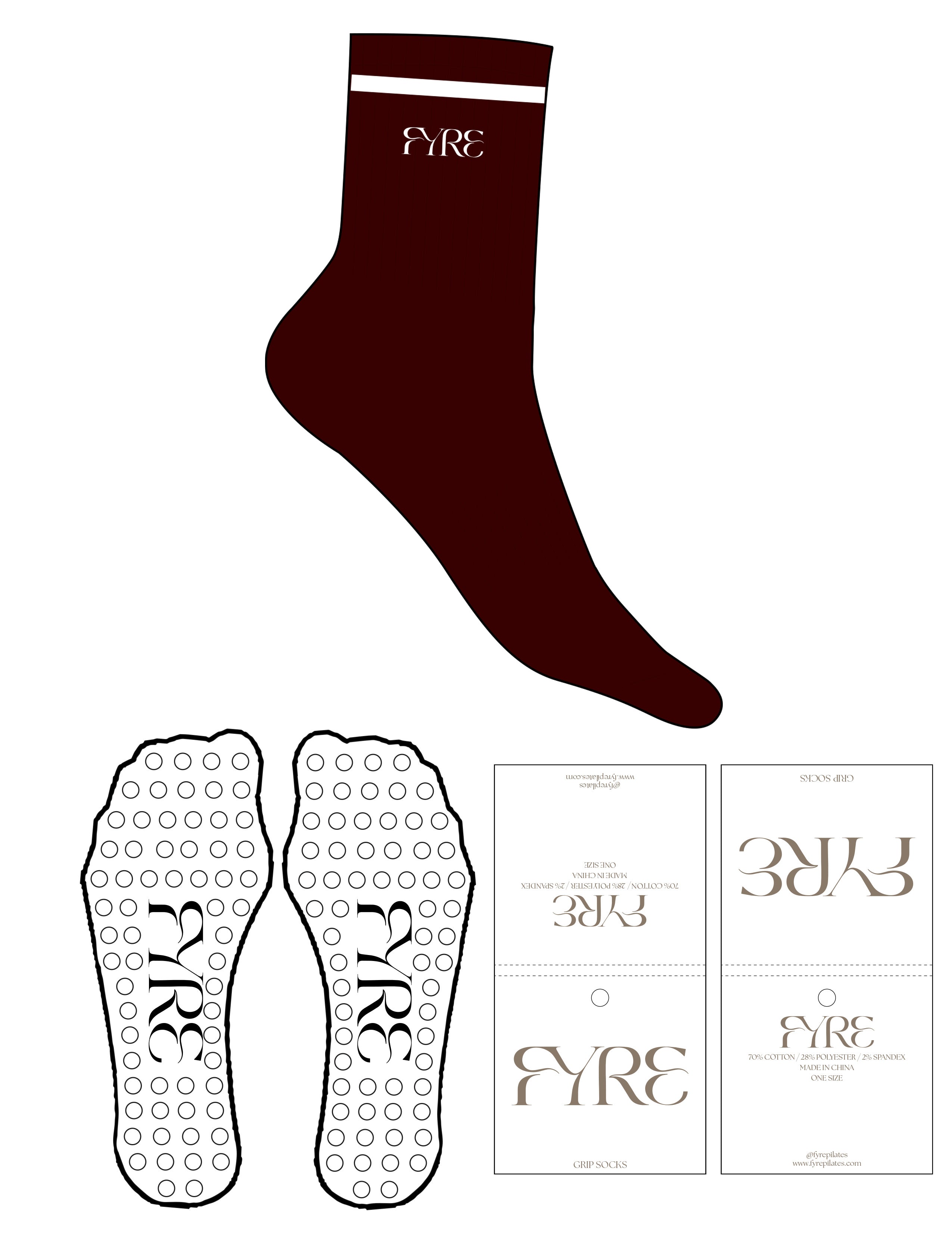 The 3/4 Crew Sock - Maroon - Fyre Pilates - 1 Stripe Printed White - Top Logo - EMB - White - Circle Grip - Transparent