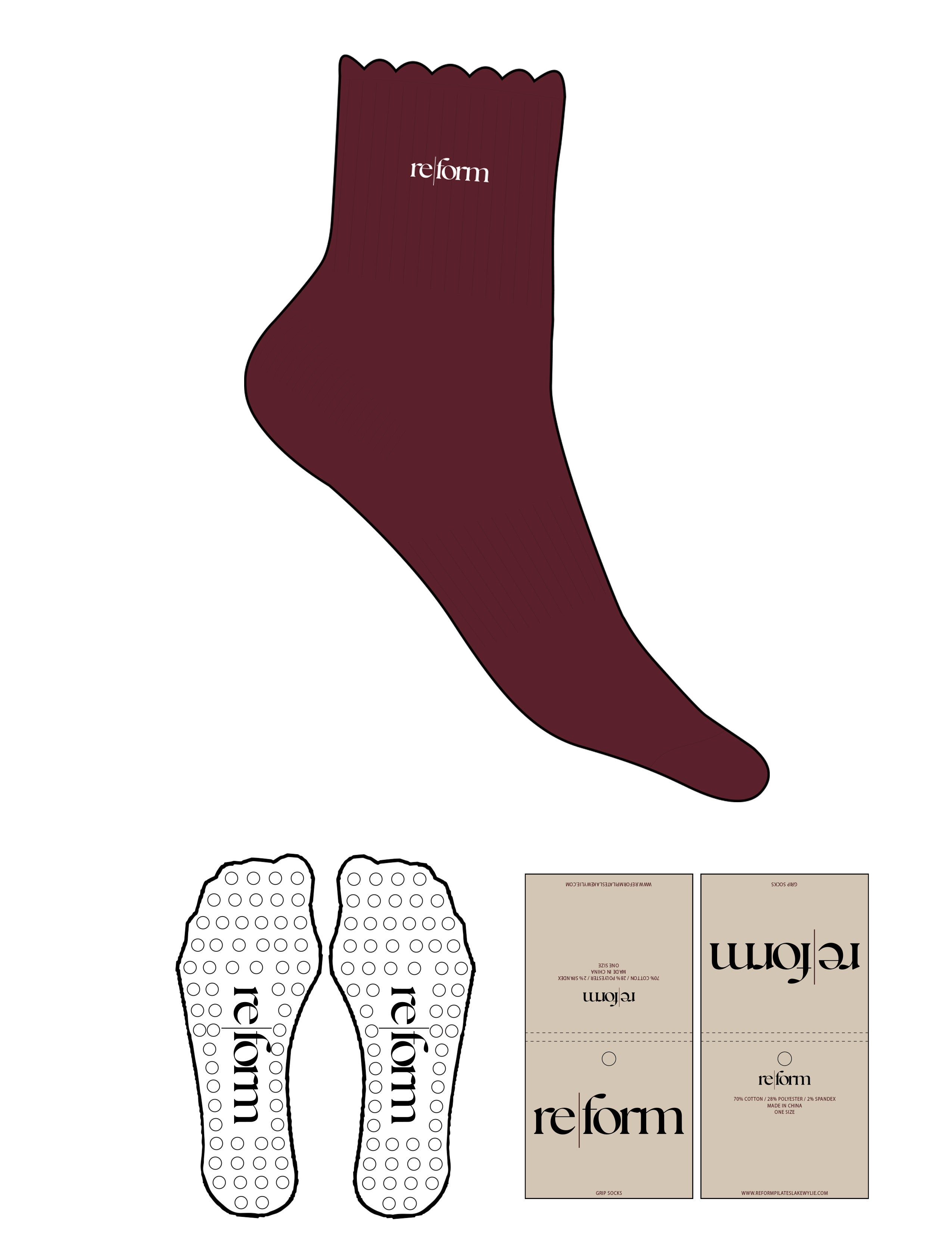 The 1/2 Crew Sock - Oxblood - Re|form - Top Logo - EMB - White - Circle Grip - Transparent