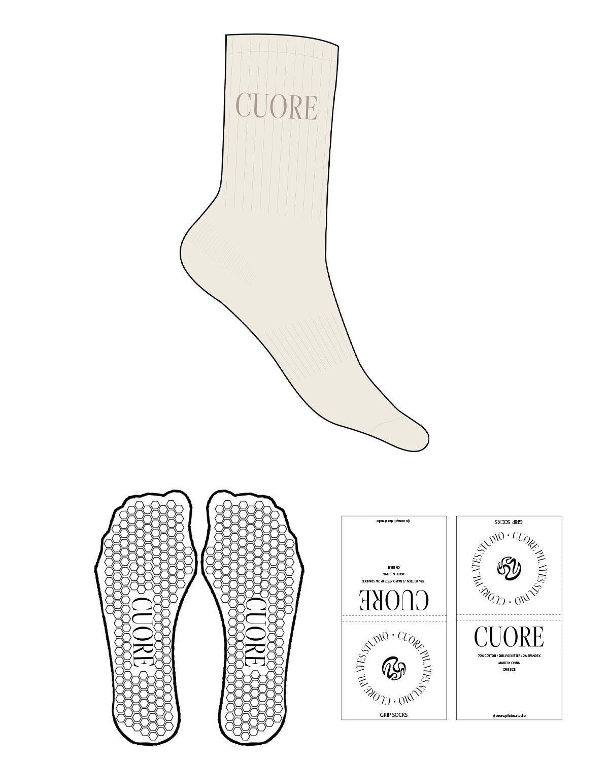 The Crew Sock - Off White - Cuore Pilates Studio - Top Logo - Brown - Hexagon Grip - Transparent