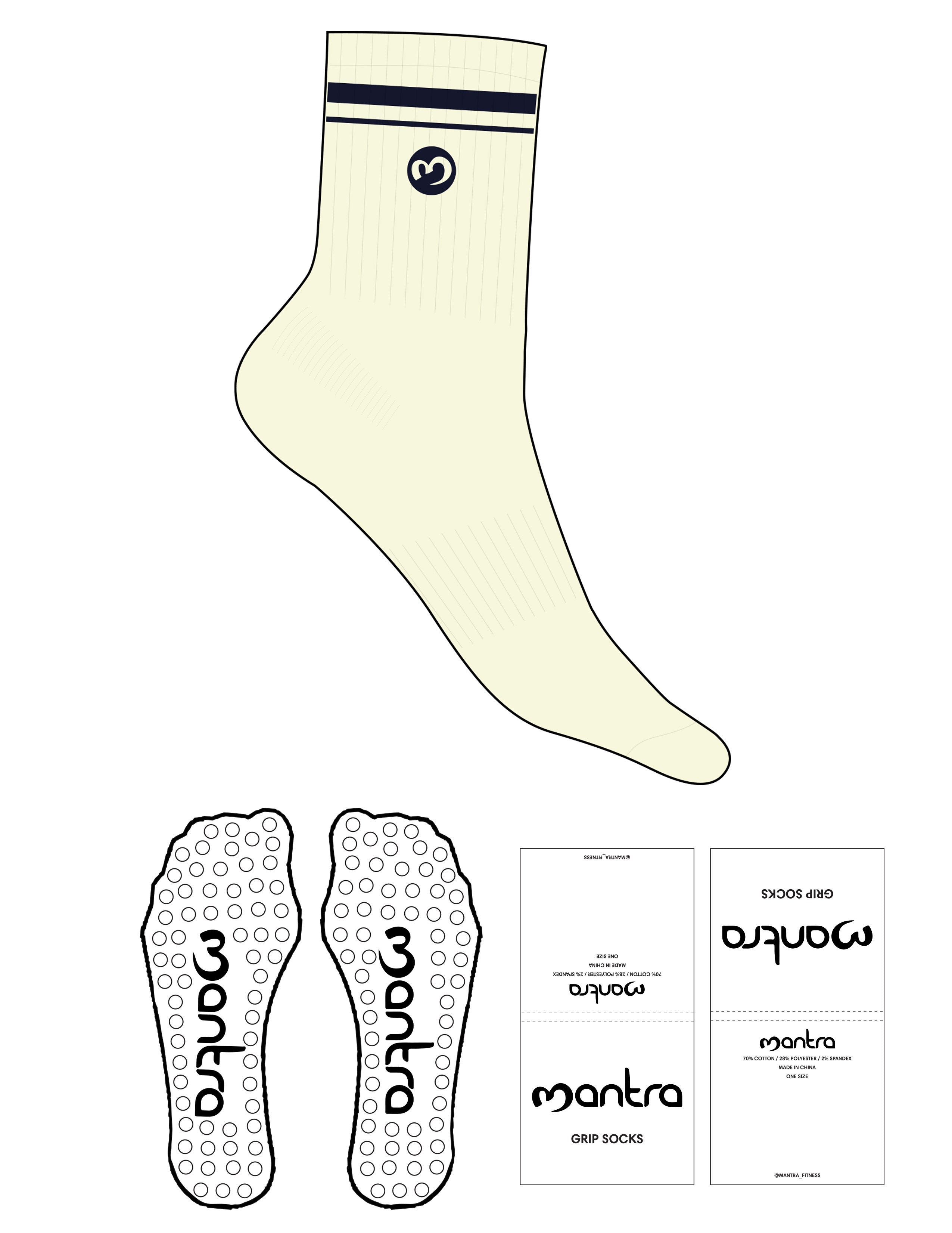 The 3/4 Crew Sock - Butter - Mantra - 2 Stripes Printed - Top Logo Round Embroidered - Navy - Circle Grip - Transparent