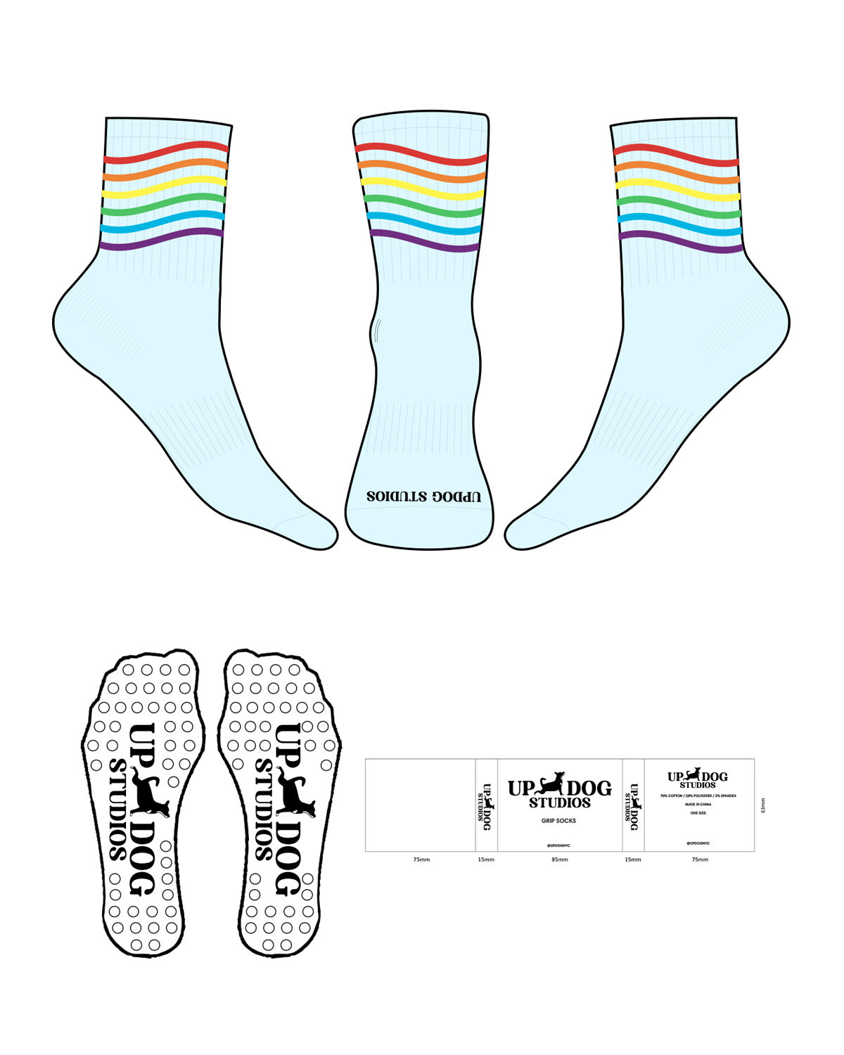 The 3/4 Crew Sock - Baby Blue - Updog Yoga - Printed Stripe - Full Color - Toe Logo - Black - Circle Grip - Black