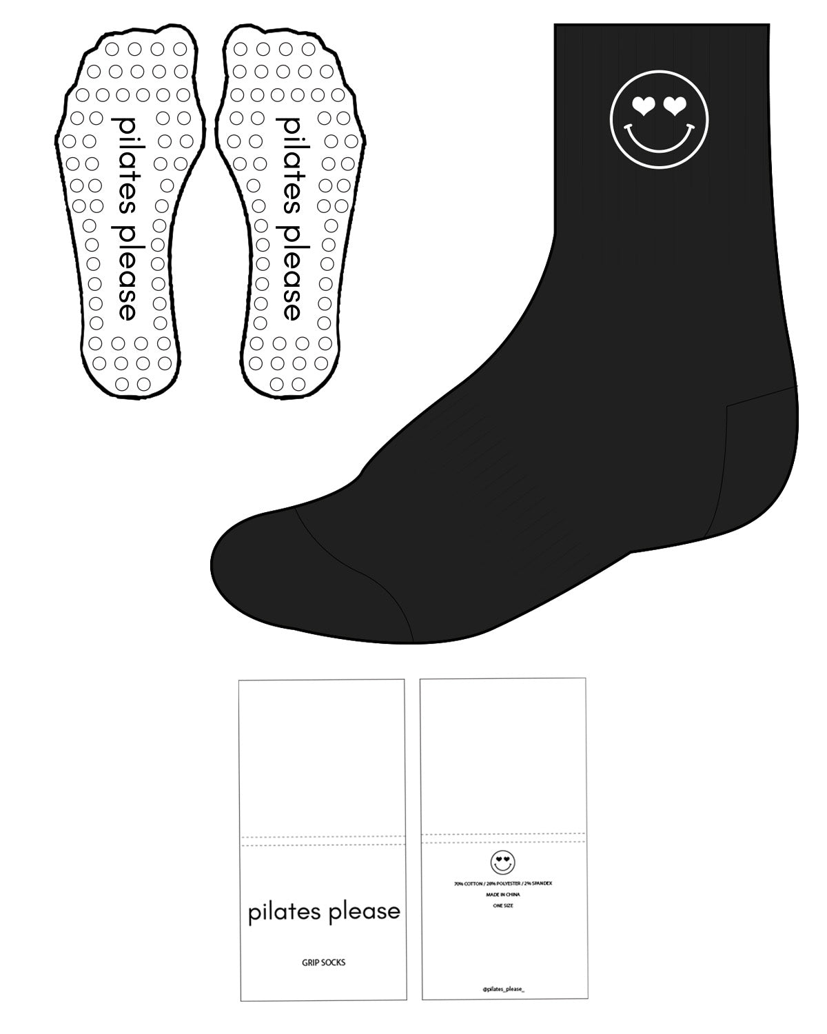 The 3/4 Crew Sock - Black - Pilates by Nix - Center - Smiley W/ Heart Eyes - White - Grip - White