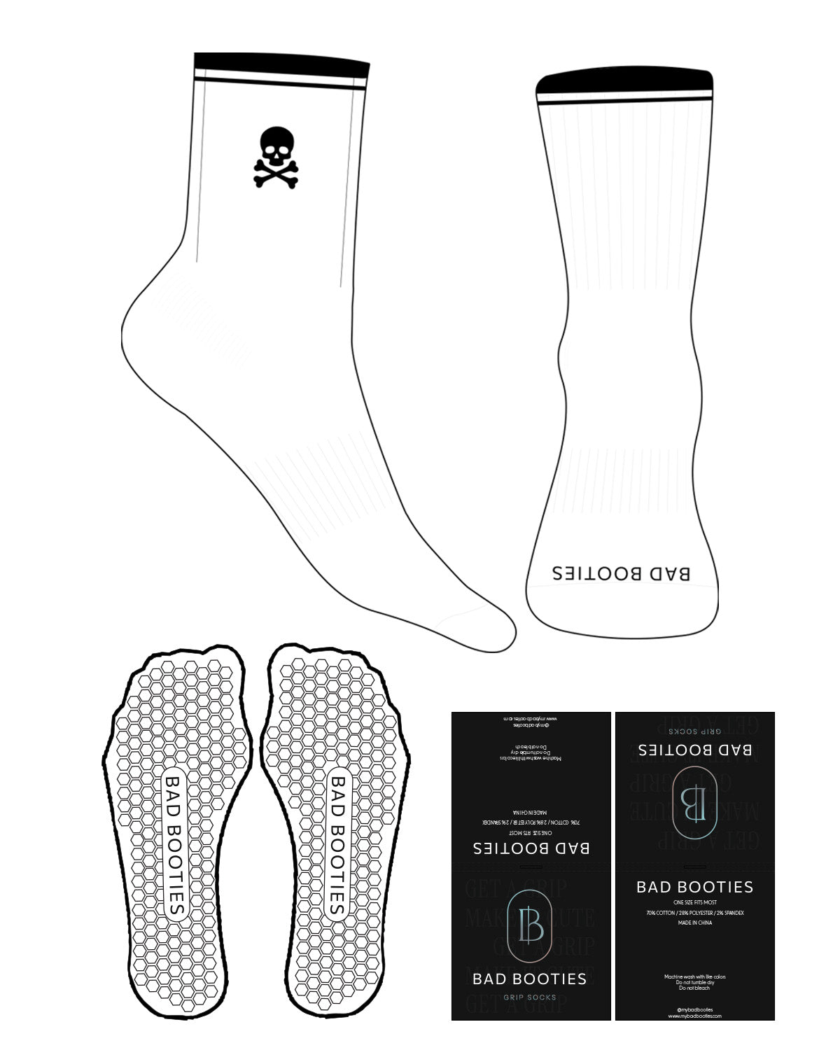 The Crew Sock - White - Booties - 2 Stripe - Toe - Printed - Skull & Bones - Embroidered - Black - Hexagon Grip - Black