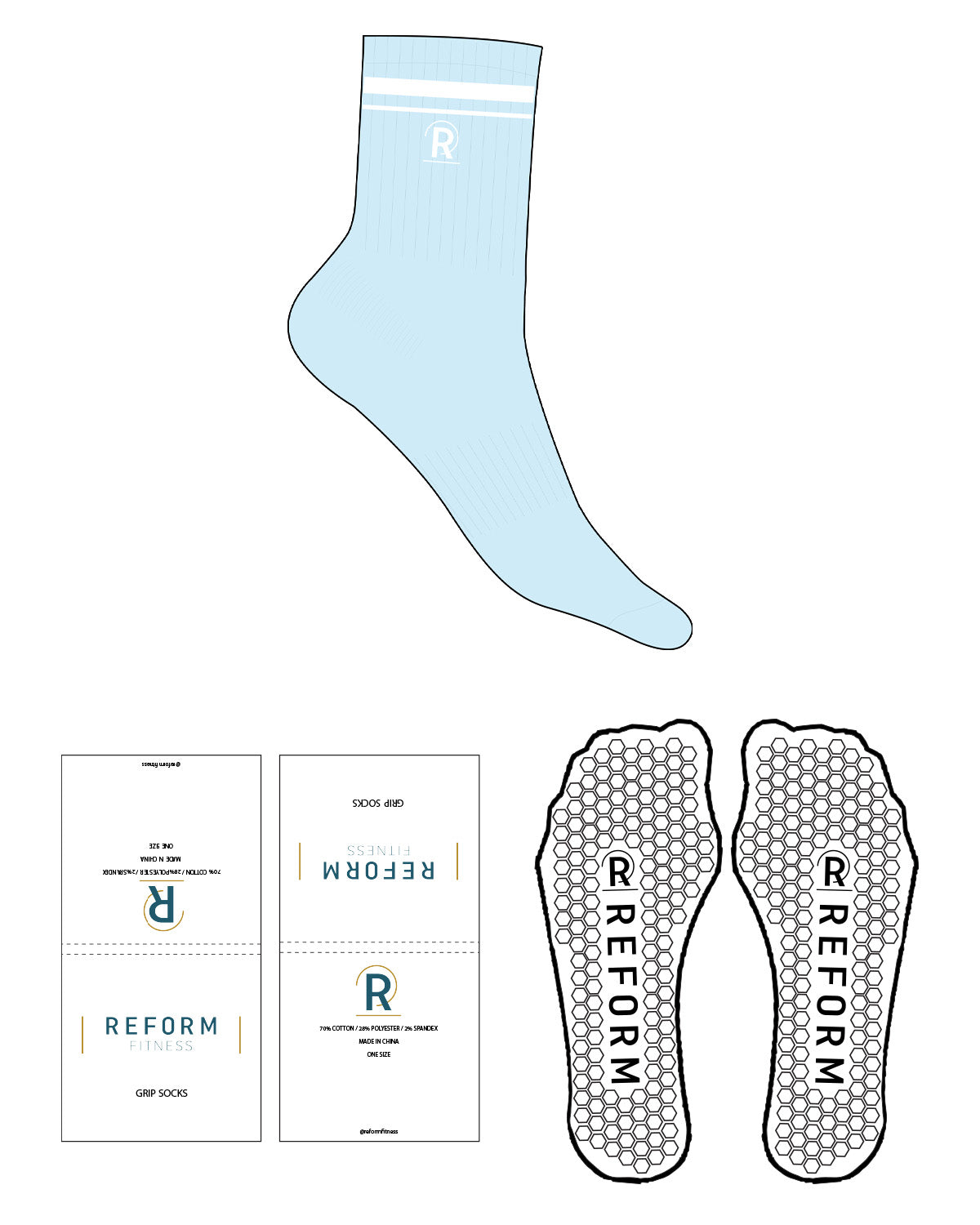 The 3/4 Crew Sock - Light Blue - Reform Fitness -Top Border Lines - "R" - White - Hexagon Shape Grip - Transparent