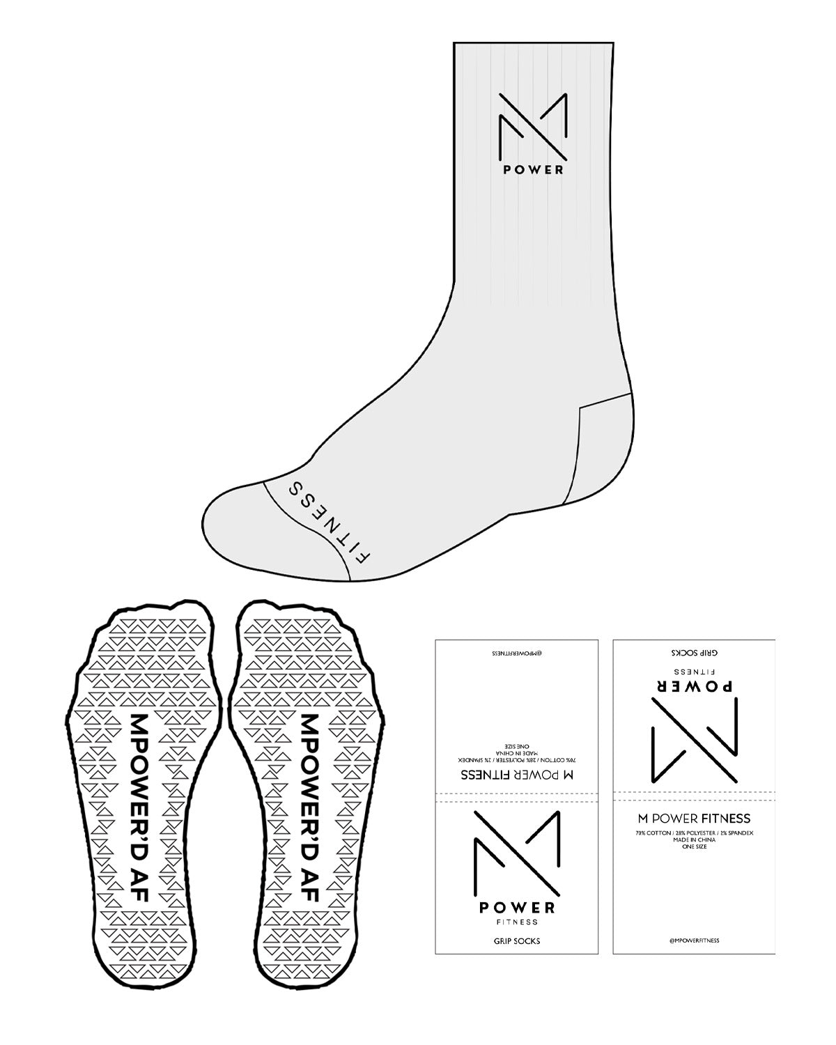 The Crew Sock - Heather - MPower Fitness - Top Icon & Bottom Text - Black - Triangle Shape Grip - Black