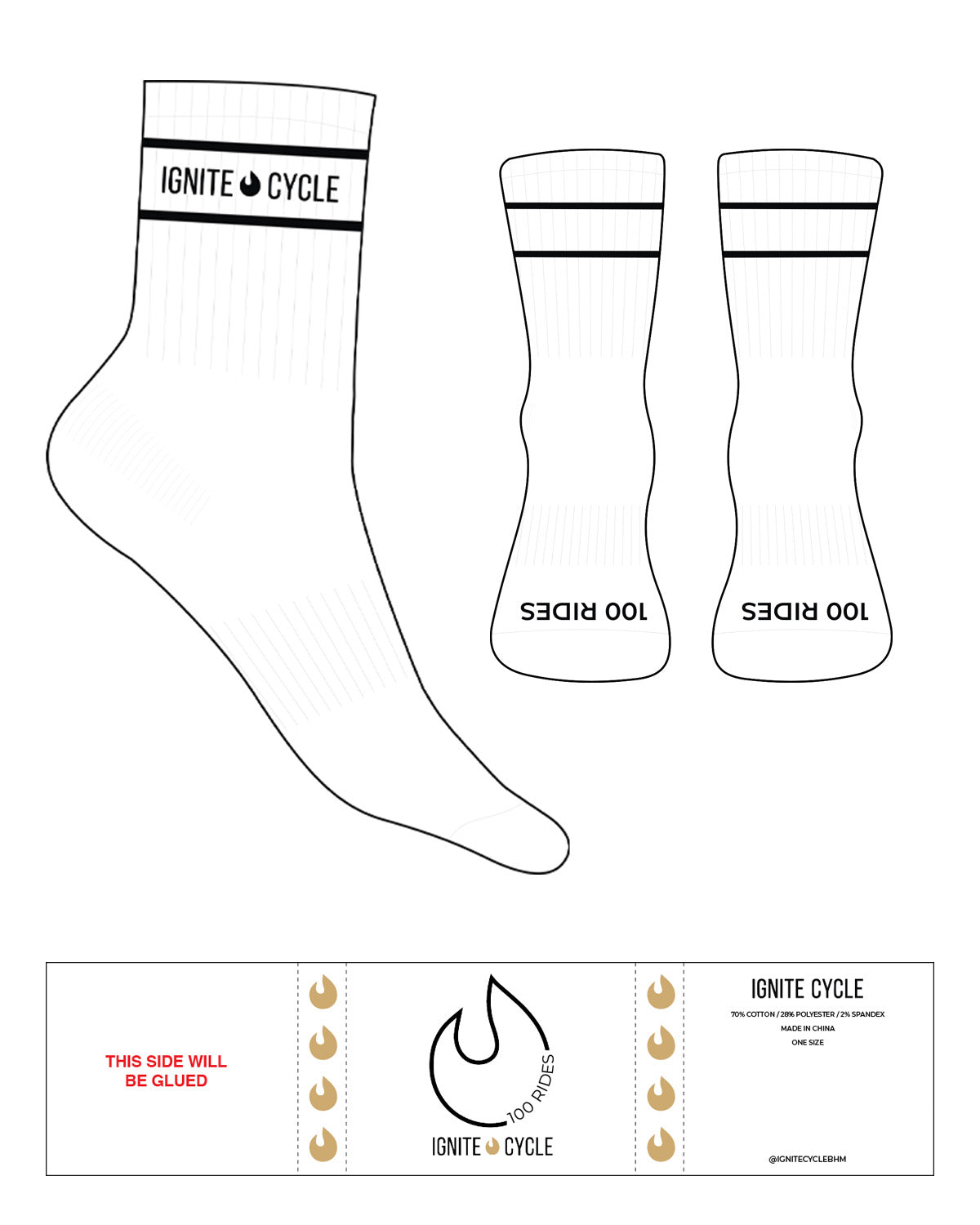 The 3/4 Crew Sock - White - Ignite Cycle - 2 Lines - Text & Ignite - Bottom Text - Black