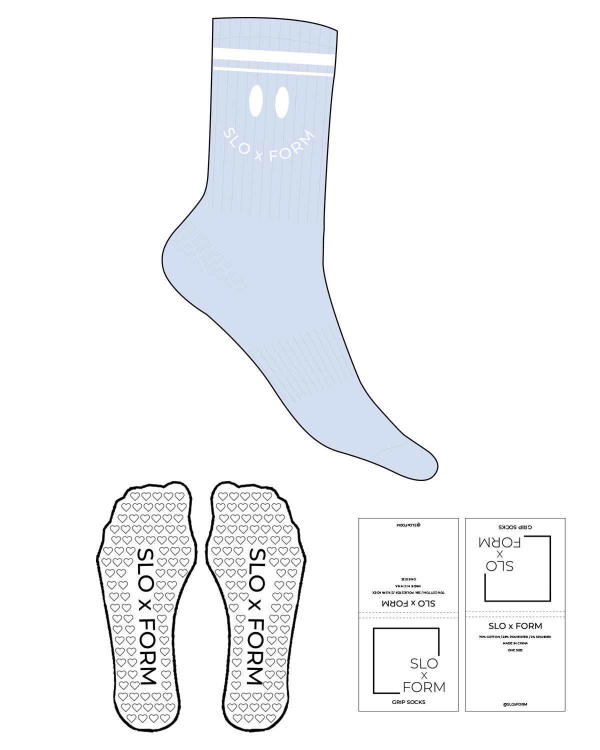 The Crew Sock - Baby Blue - Slo x Form - 2 Strips - Top Logo - Embroidered - White - Heart Grip - White