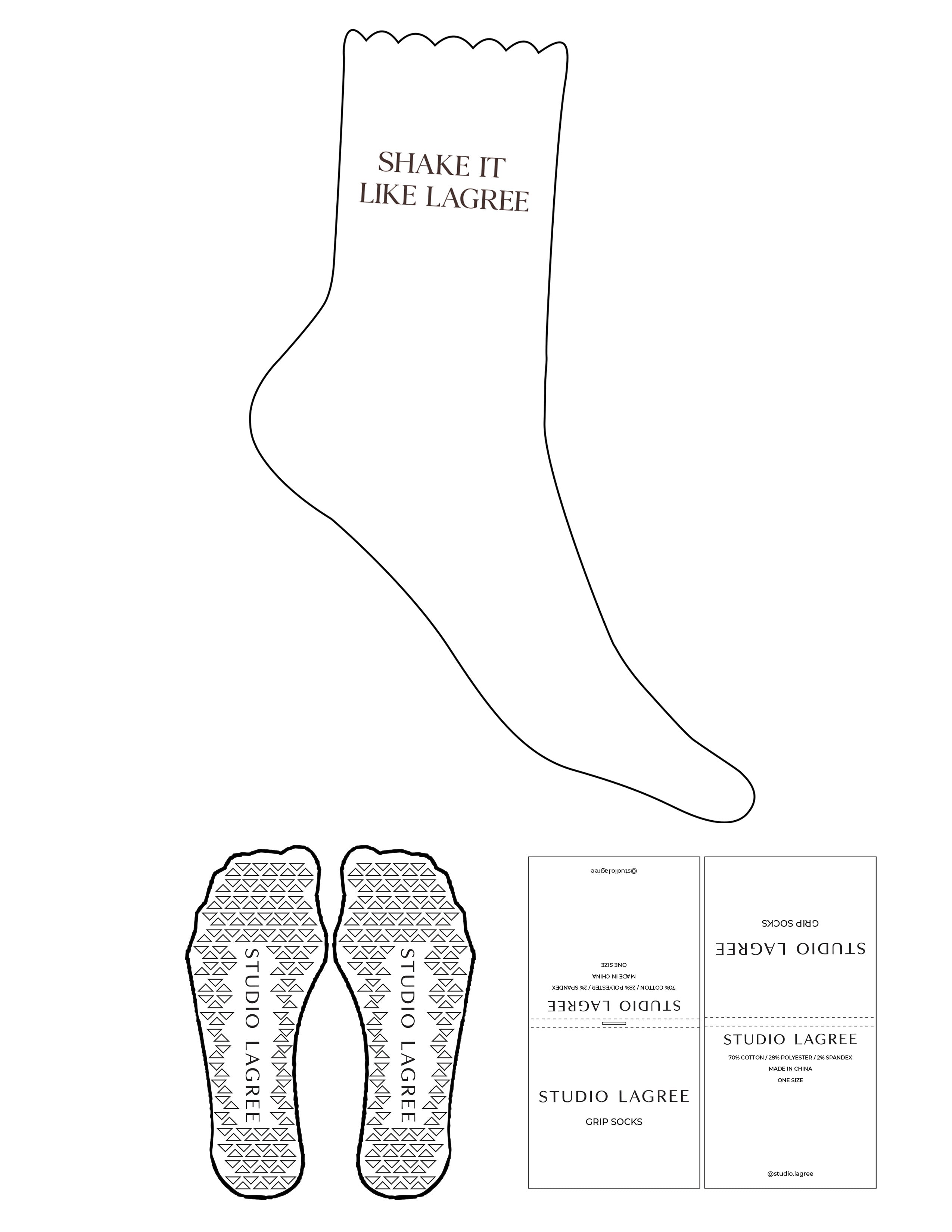 The 3/4 Crew Sock - White - Studio Lagree - Top Logo Stacked - Printed - Coffee Bean - Triangle Grip - Coffee Bean