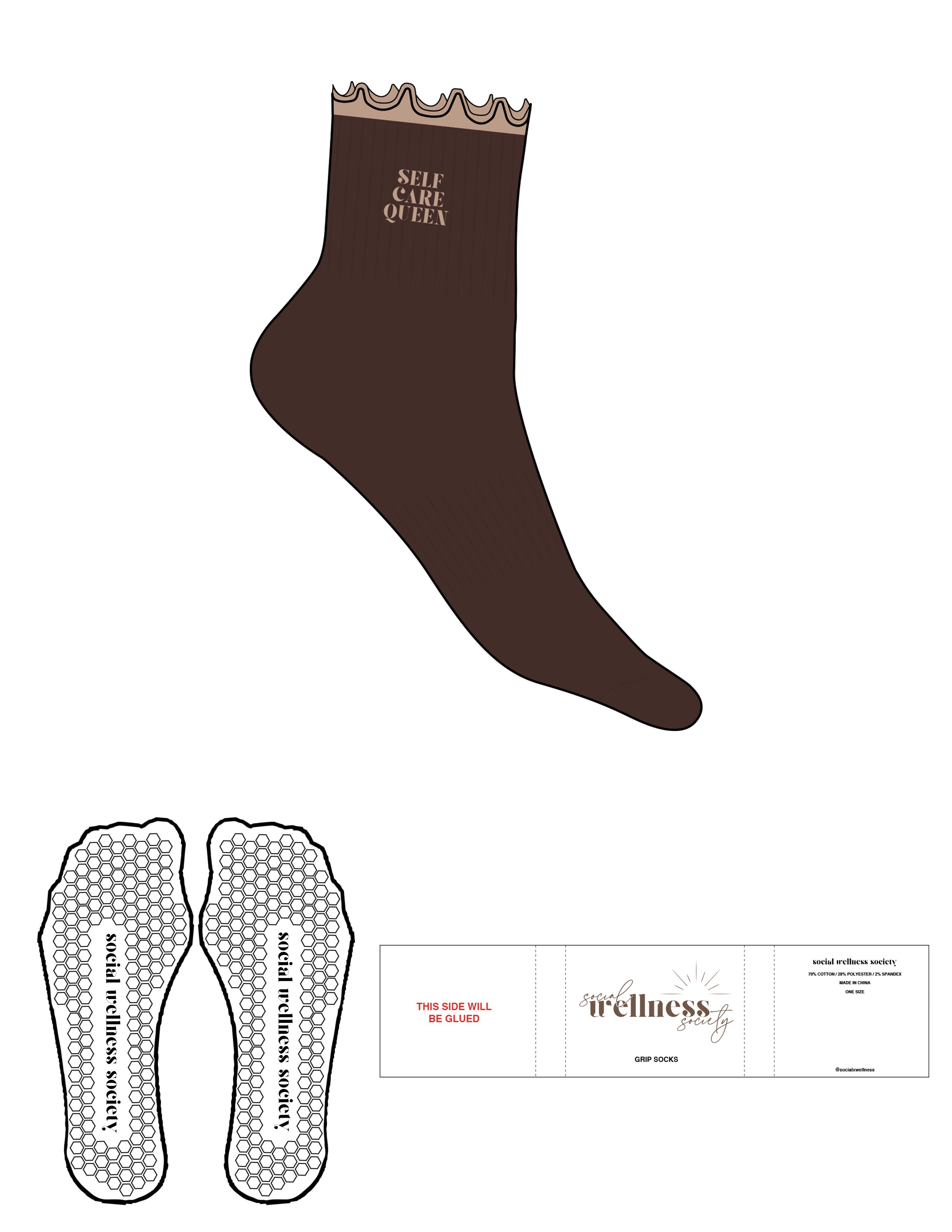 The 1/2 Crew Sock - Chocolate -  SWS - Light Brown Frill - Top Logo Stacked - Embroidered - Light Brown - Hexagon Grip - Light Brown