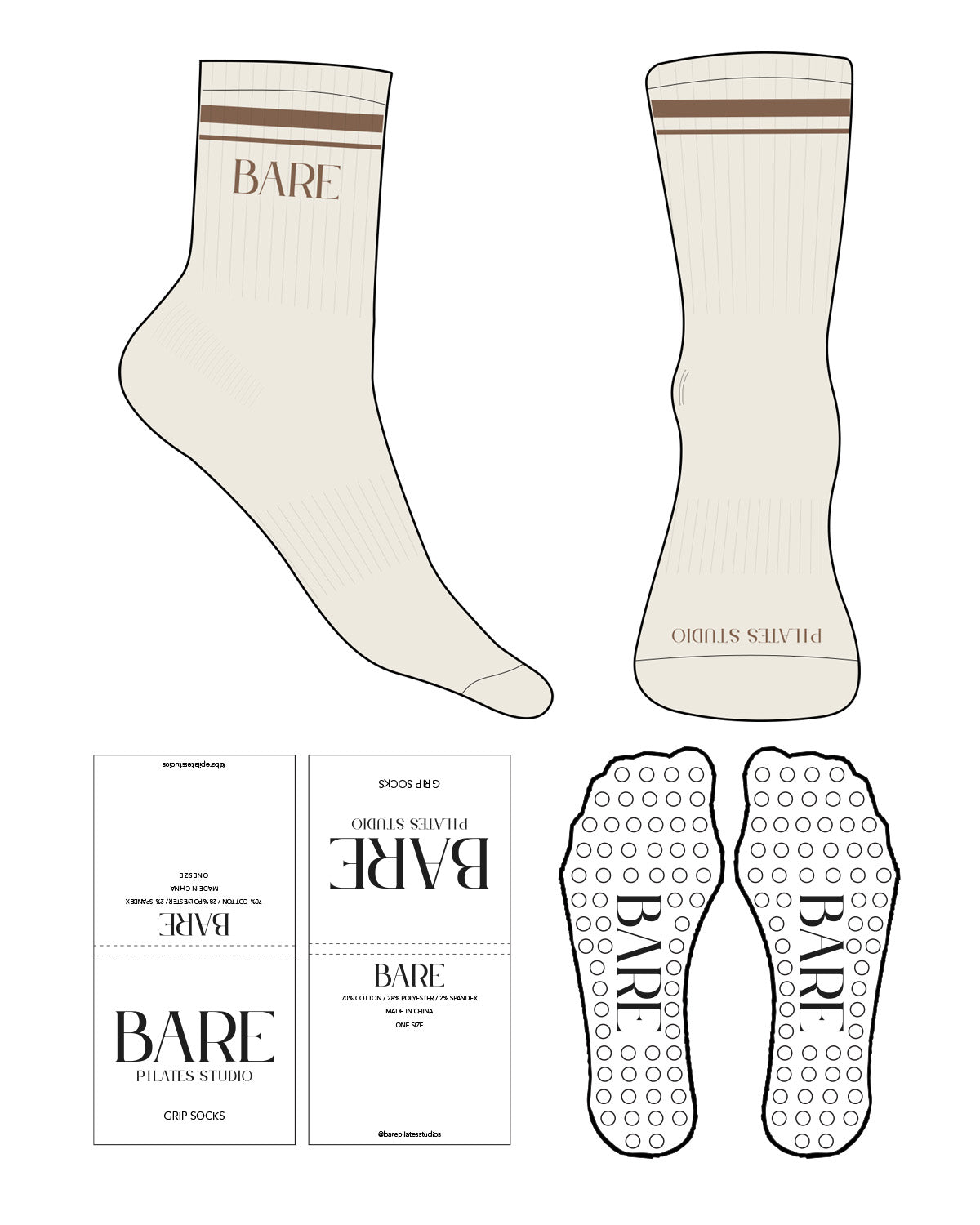The 3/4 Crew Sock - Off White - Bare Pilates - 2 Strips - Top & Front Logo - Brown - Circle Shape Grip - Transparent