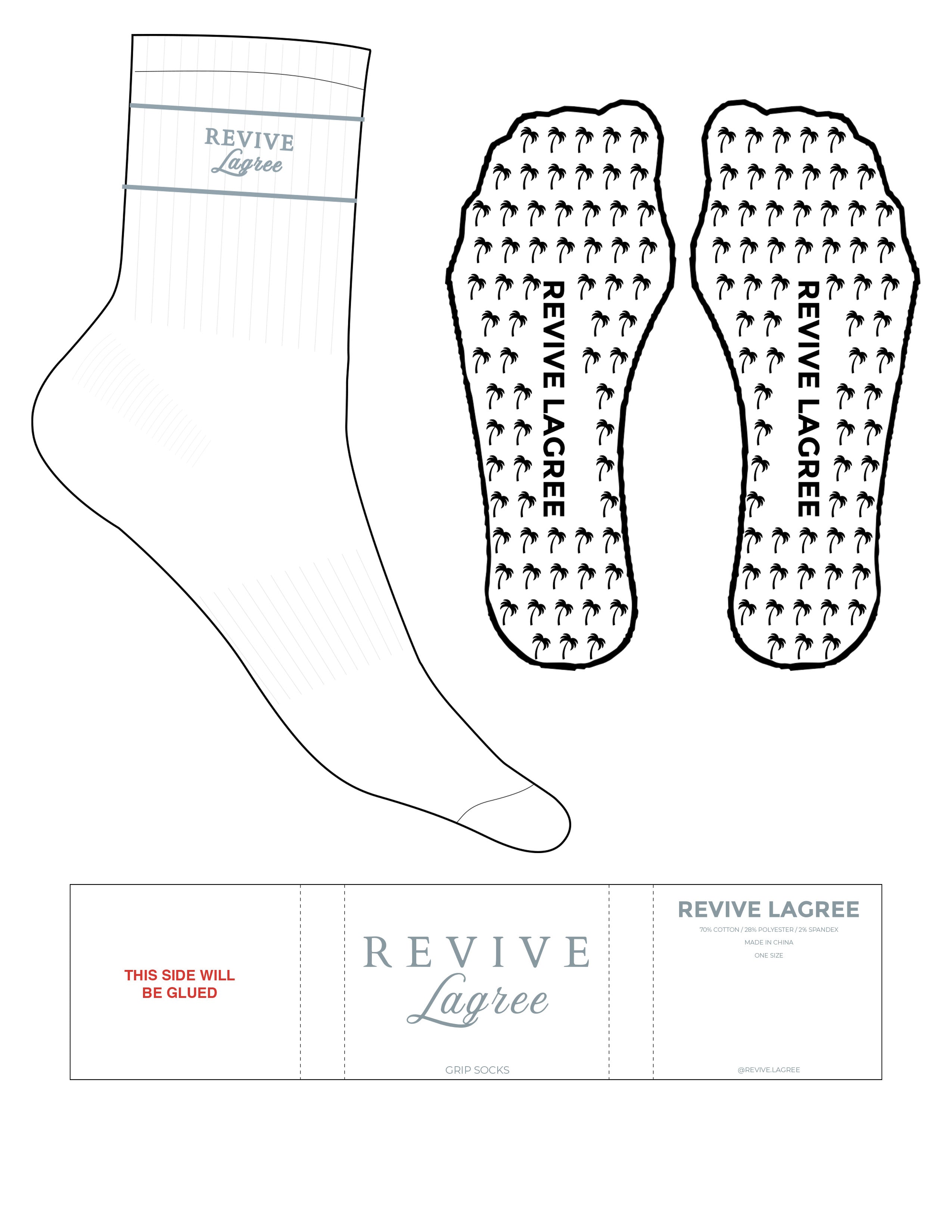 The 3/4 Crew Sock - White - Revive Lagree - Frost Stripes - Top Logo Stacked - Embroidered - Frost - Palm Tree Grip - Frost