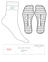 The 3/4 Crew Sock - White - Revive Lagree - Frost Stripes - Top Logo Stacked - Embroidered - Frost - Palm Tree Grip - Frost
