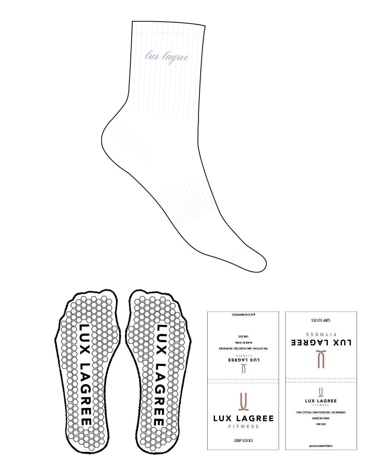 The 3/4 Crew Sock - White - Lux Lagree - Top Logo - Embroidered - Lavender - Hexagon Grip - Lavender