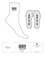 The 3/4 Crew Sock - White - Body By You - Top "Body By You" Logo - Black - Heart Shape Grip - Black