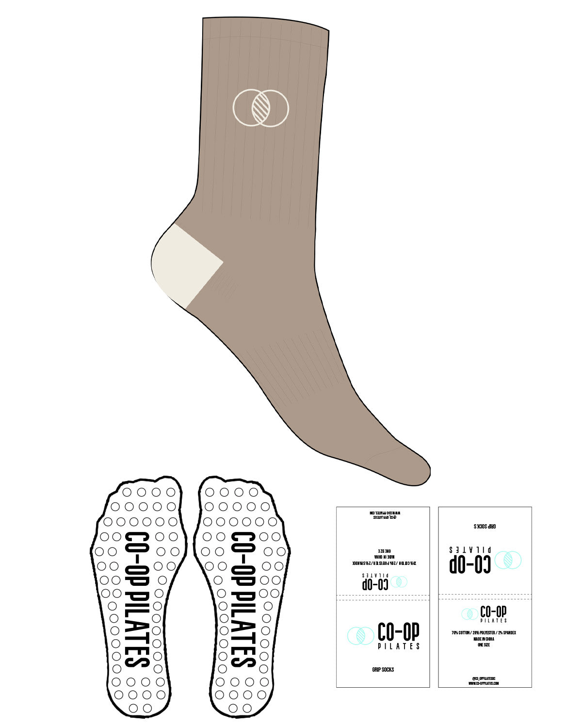 The Crew Sock - Sand - Co-Op Pilates - Top Logo Embroidered - Ankle & Toe Printed - Off White - Circle Shape Grip - Transparent