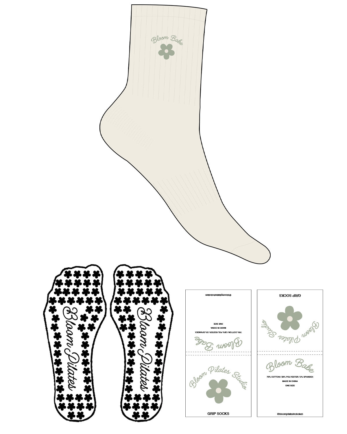 The 3/4 Crew Sock - Off White - Bloom Pilates - Top Logo - Embroidered - Sage - Flower Grip - Transparent