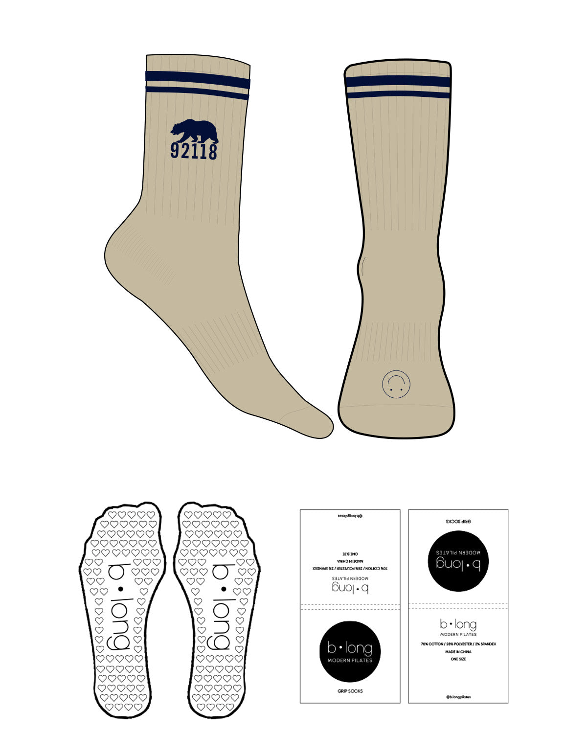 The 3/4 Crew Sock - Cream L287 - B Long Pilates - 2 Strips - Top "92118" & Front Logo - Navy - Heart Shape Grip - Translucent