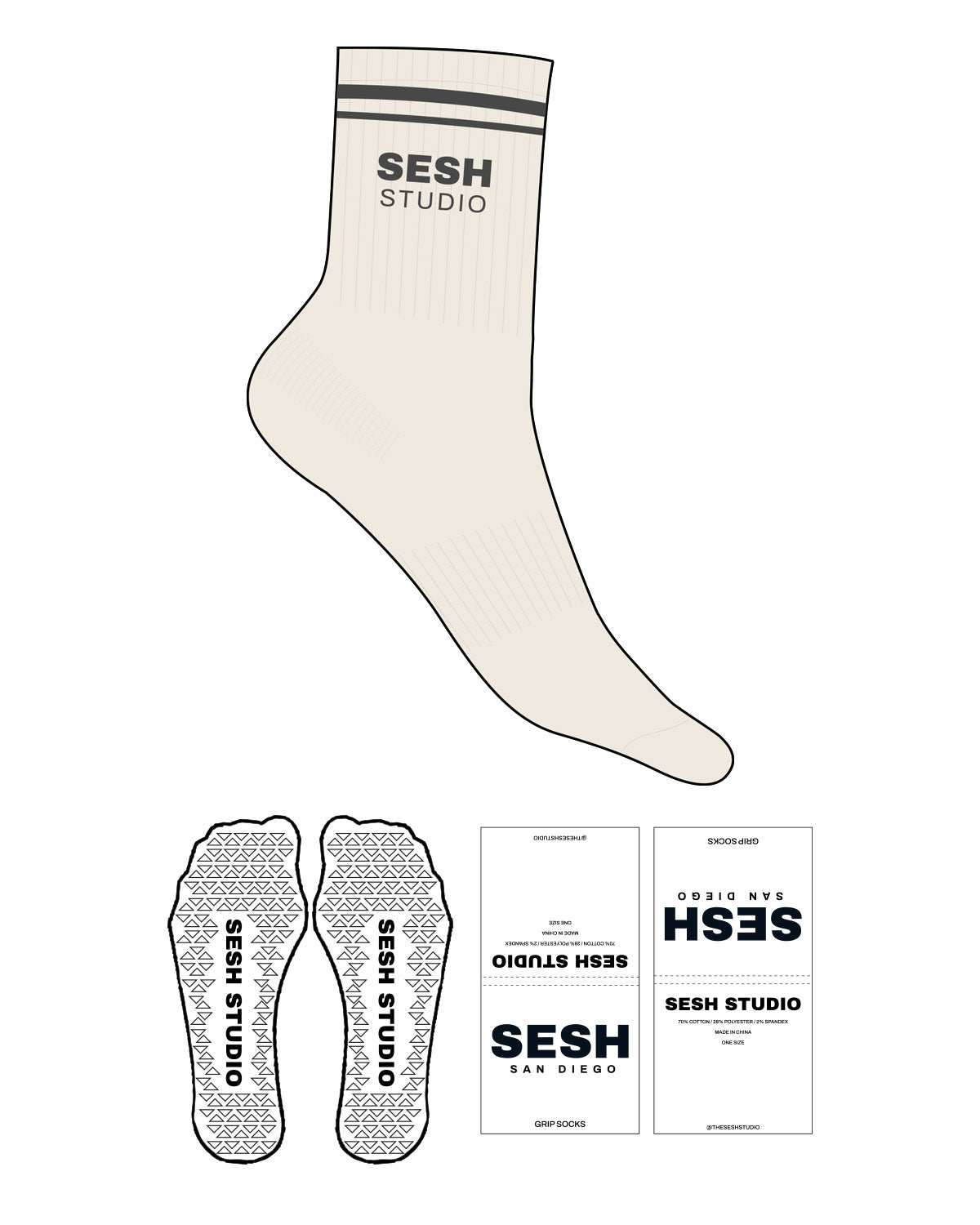 The 3/4 Crew Sock - Off White - Sesh Studio - 2 Strips - Top Logo Stacked - Charcoal - Triangle Shape Grip - Transparent