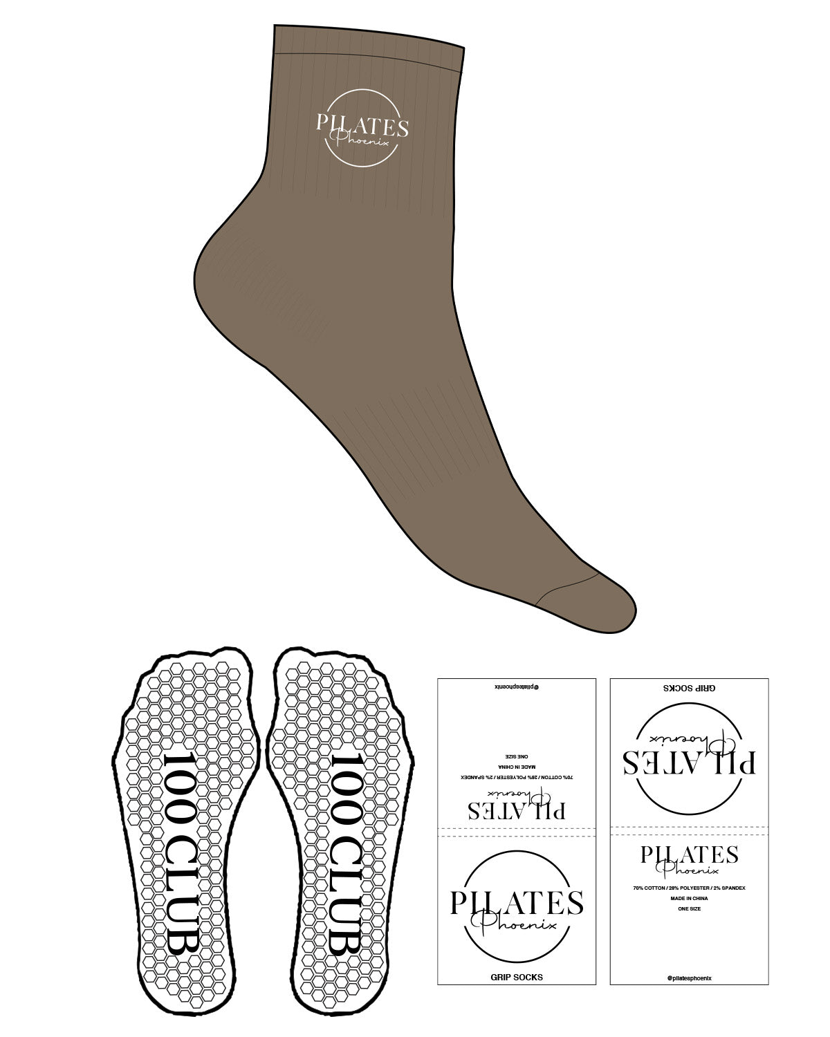 The 1/2 Crew Sock - Mocha - Pilates Phoenix - Top Logo Stacked - Embroidered - White - Hexagon Shape Grip "100 Club" - White