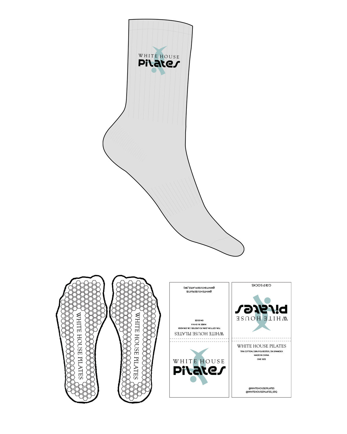 The Crew Sock - Heather - White House - Top Logo - Full Color - Hexagon Shape Grip - Black