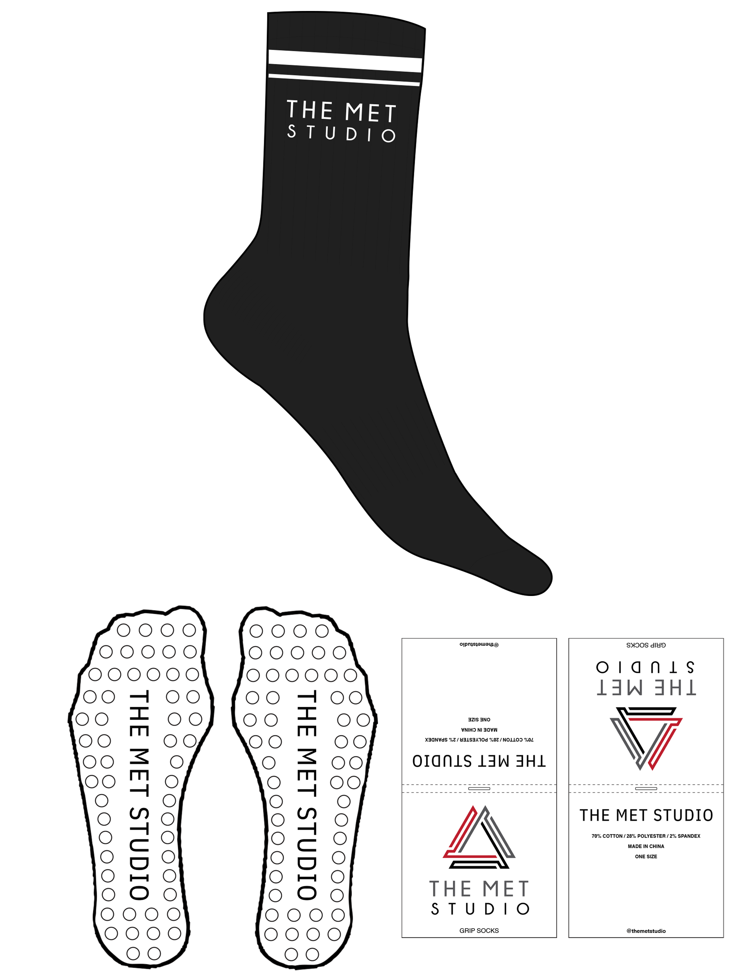 The Crew Sock - Black - The Met Studio - 2 Stripes - Stacked Logo - White - Circle Grip - White