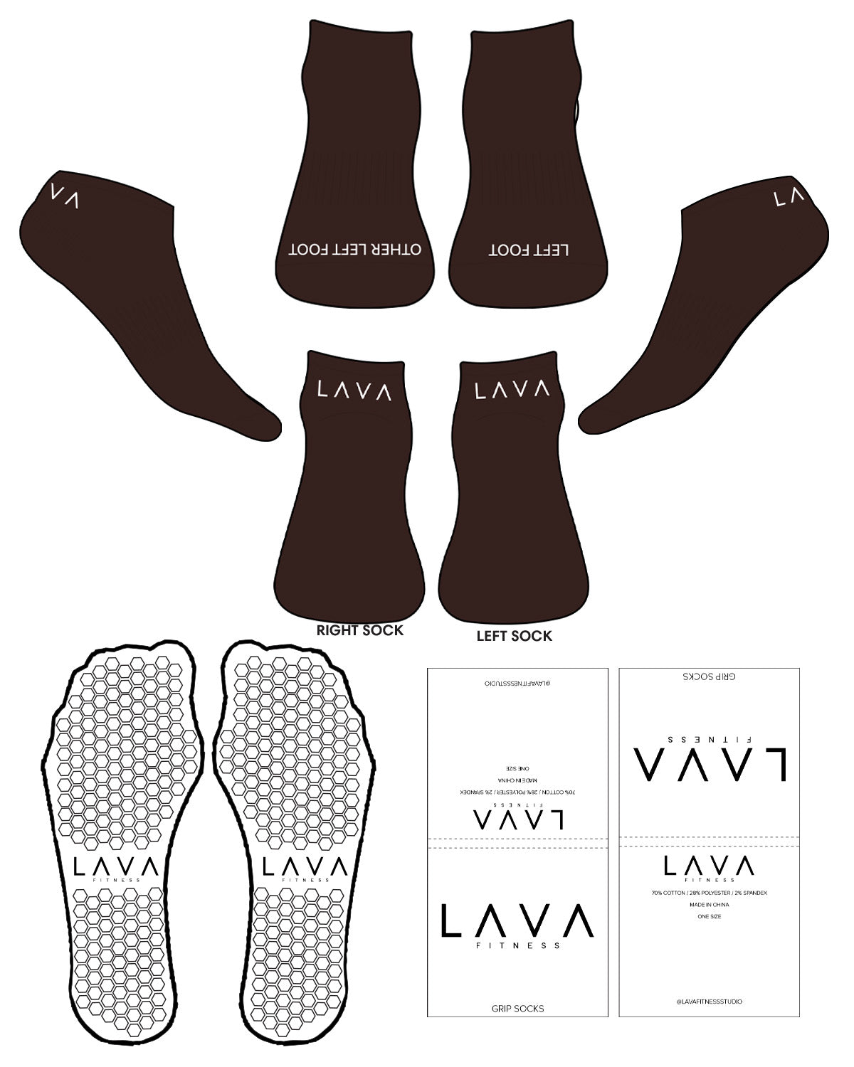 The Ankle Sock - Chocolate - Lava - Top & Back -   White Logos & Stripe - Hexagon Shape Grip - White