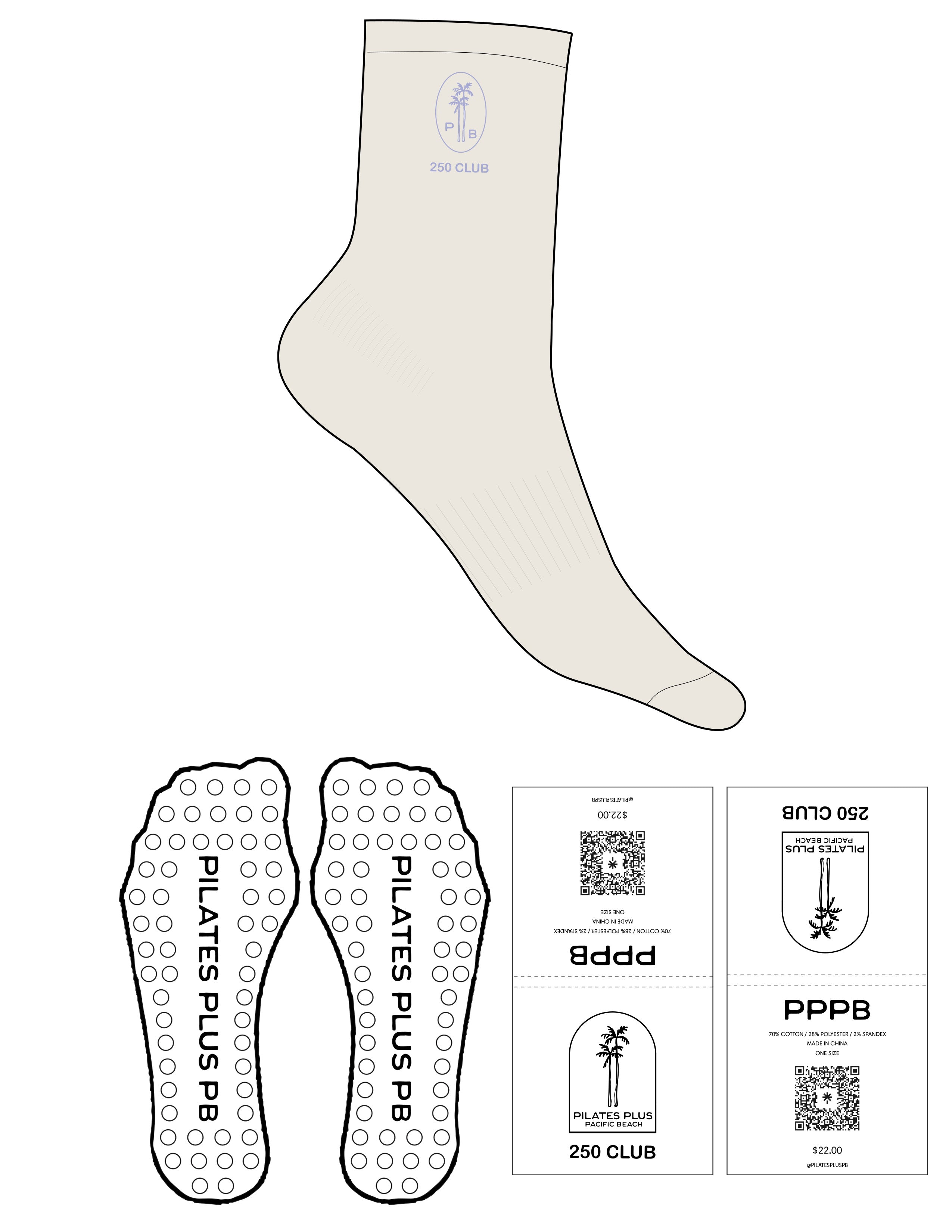 The 3/4 Crew Sock - Off White - Pilates Plus PB - Top Logo - EMB -  Periwinkle - Circle Grip - Transparent