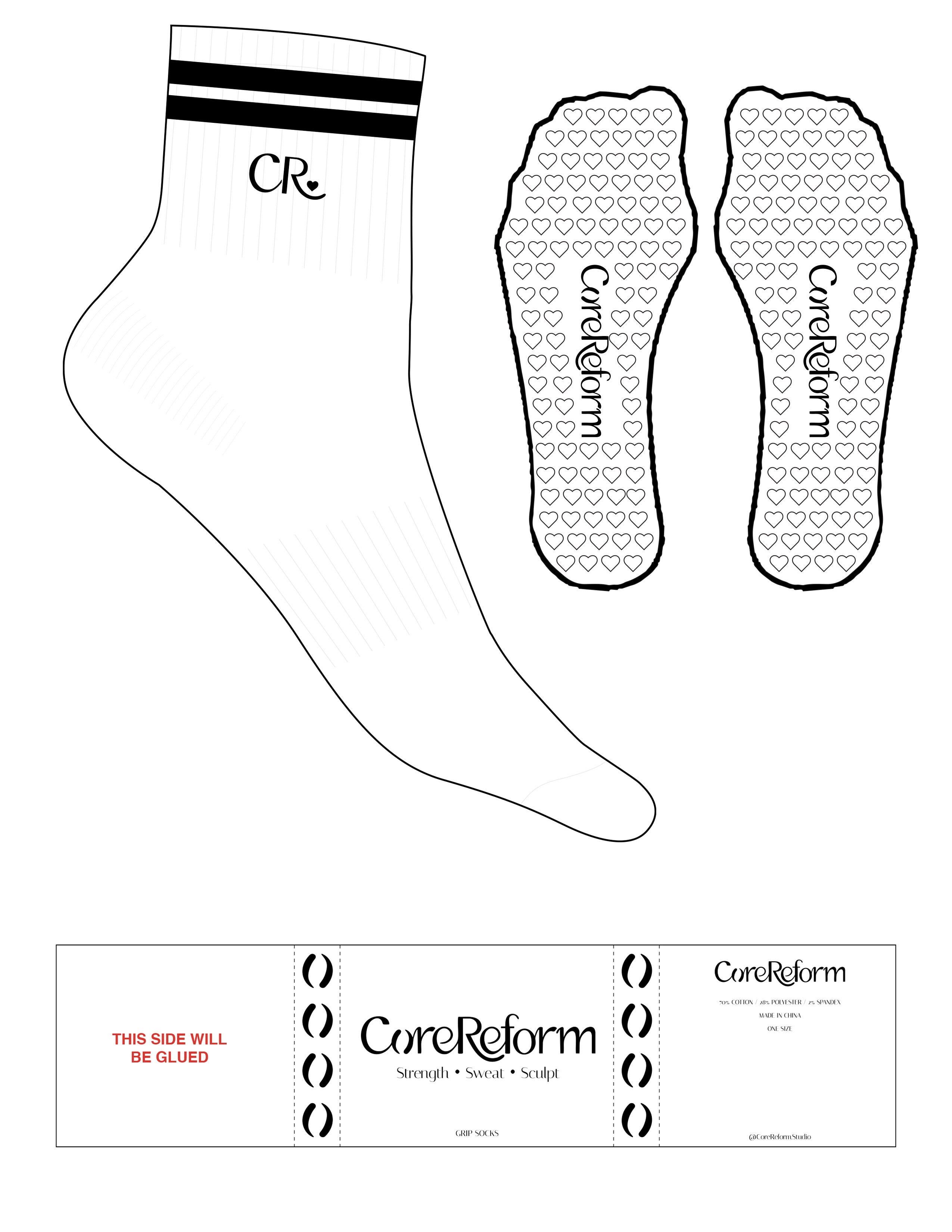 The 1/2 Crew Sock - White - CoreReform - 2 Black Stripes - Top Logo - EMB - Black - Heart Grip - Black