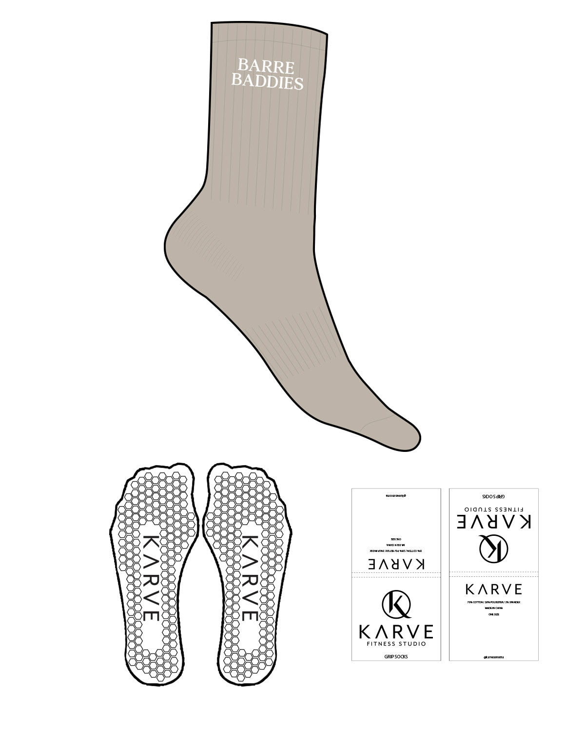 The Crew Sock - Tan - Karve - Top Logo - Embroidered - White - Hexagon Grip - White