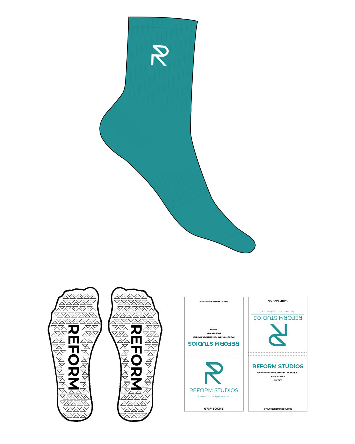 The 3/4 Crew Sock - Custom Teal - Reform Studios - Top Logo - Embroidered - White - Triangle Shape Grip - White