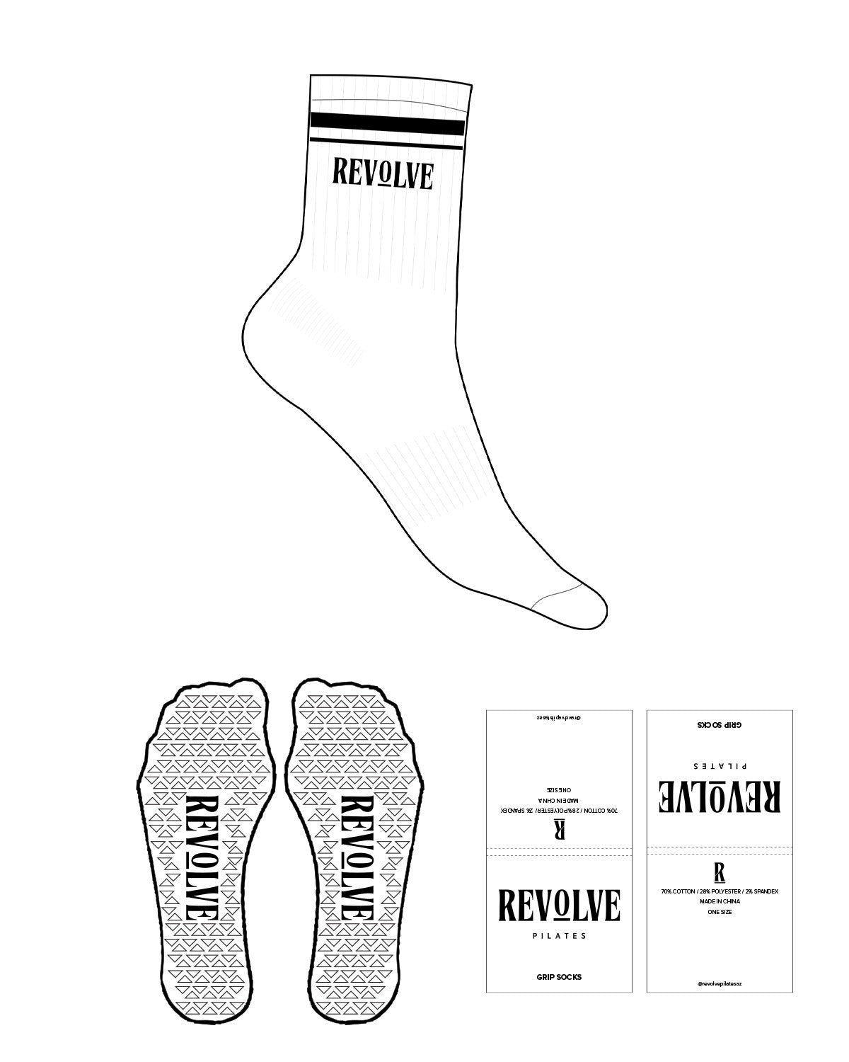The 3/4 Crew Sock - White - Revolve Pilates - 2 Strips - Top Logo - Black - Triangle Shape Grip - Black