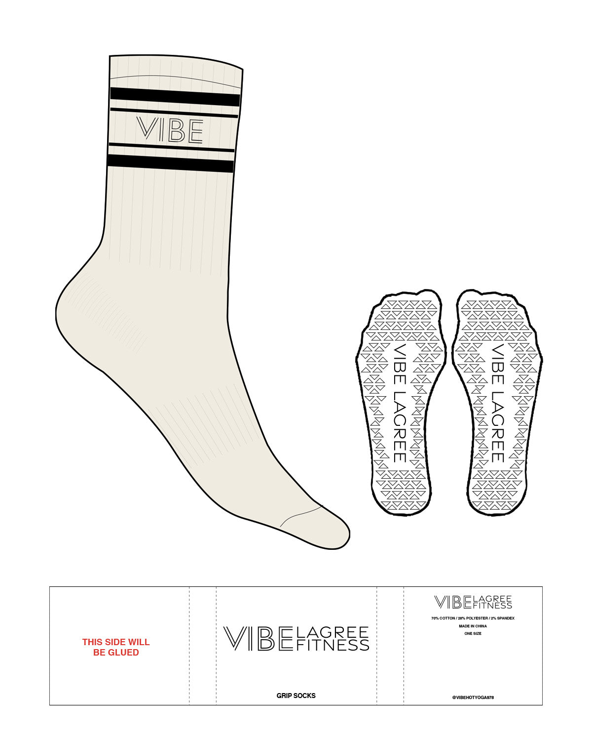 The Crew Sock - Off White - Vibe Lagree - 4 Bars & Text - Black - Triangle Shape Grip - Transparent