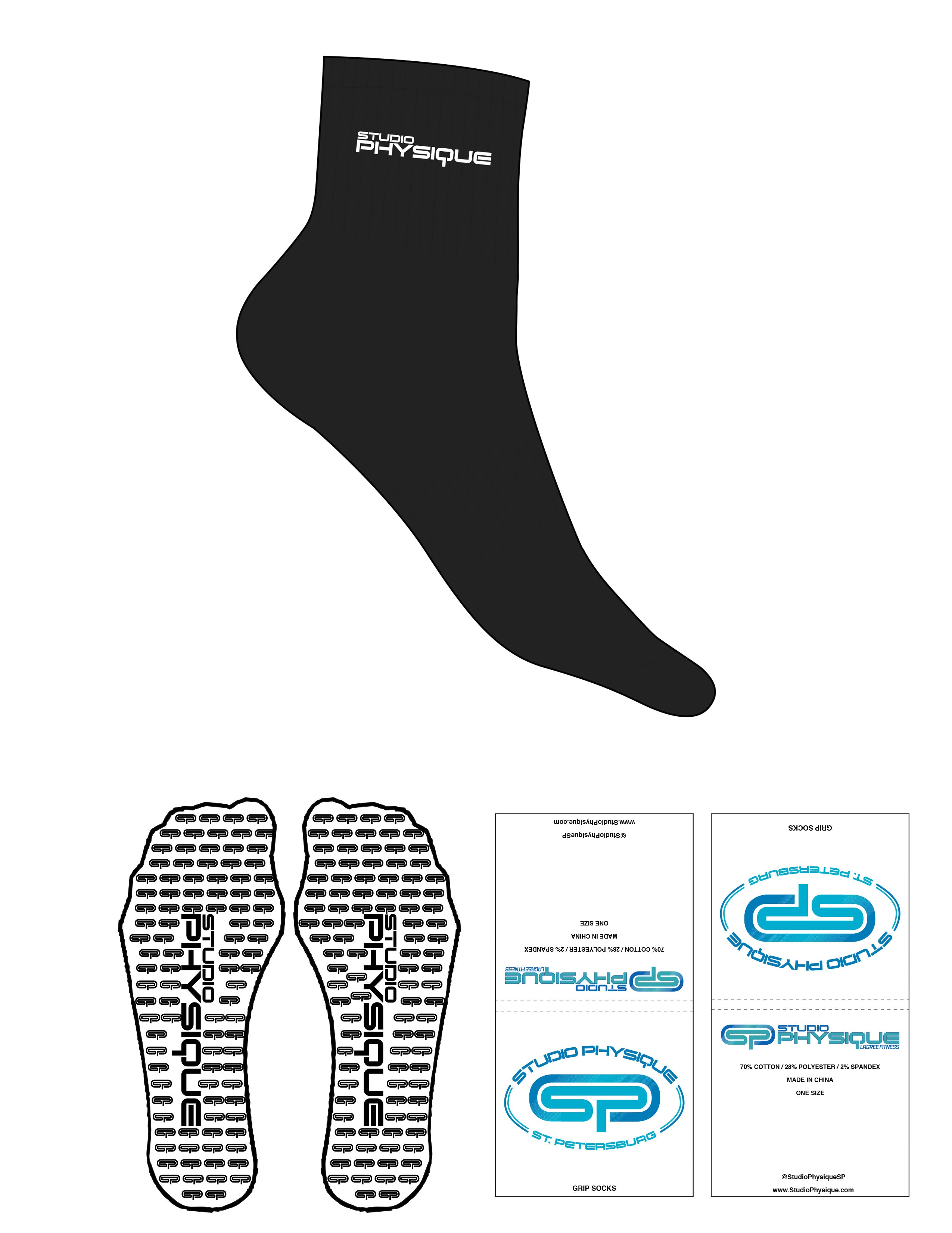 The 1/2 Crew Sock - Black - Studio Physique - Top Logo Stacked - Embroidered - White - Custom Icon Grip - Black