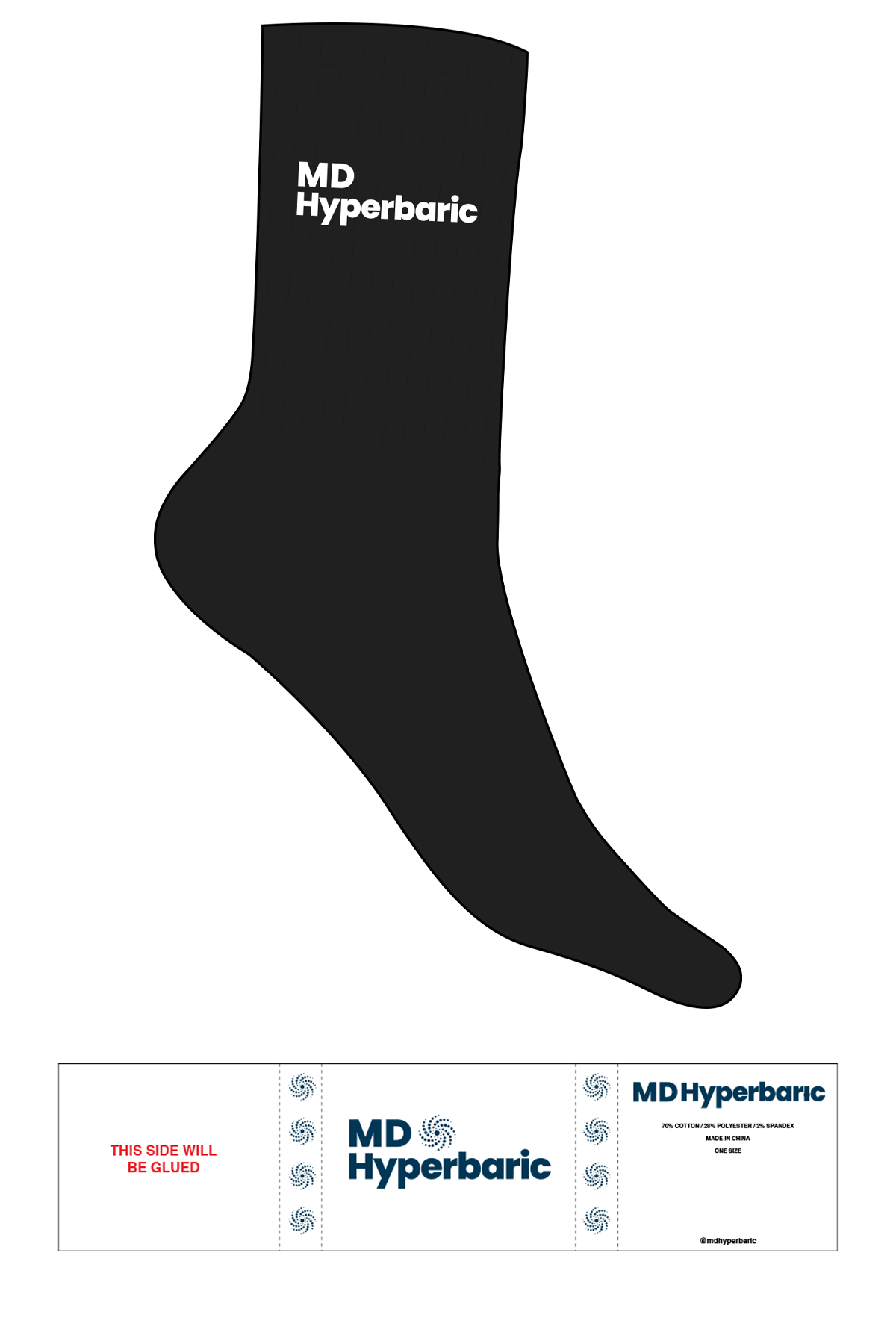 The Crew Sock - Black - MD Hyperbaric - Top Logo - Embroidered - White