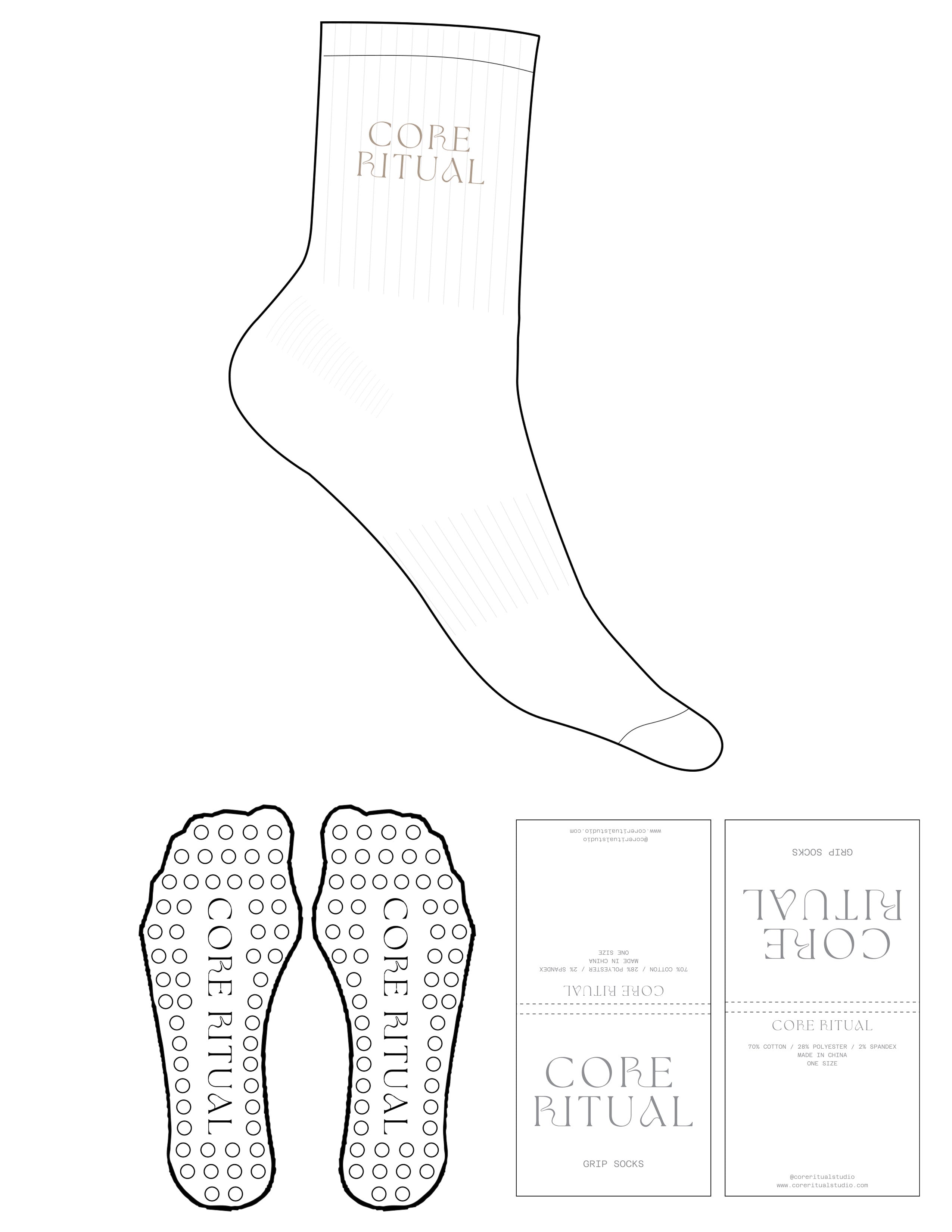 The 3/4 Crew Sock - White - Core Ritual - Top Logo Stacked - Embroidered - Oat Milk - Circle Grip - Oat Milk