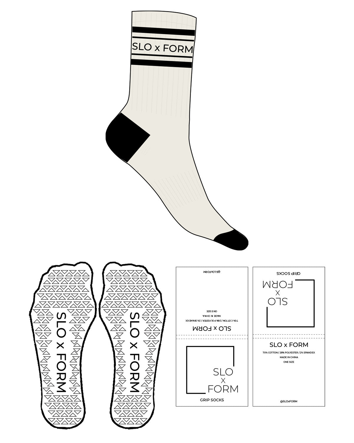 The Crew Sock - Off White - Slo x Form - Black Stripes, Heel & Toe - Top Logo - Black - Triangle Grip - Black