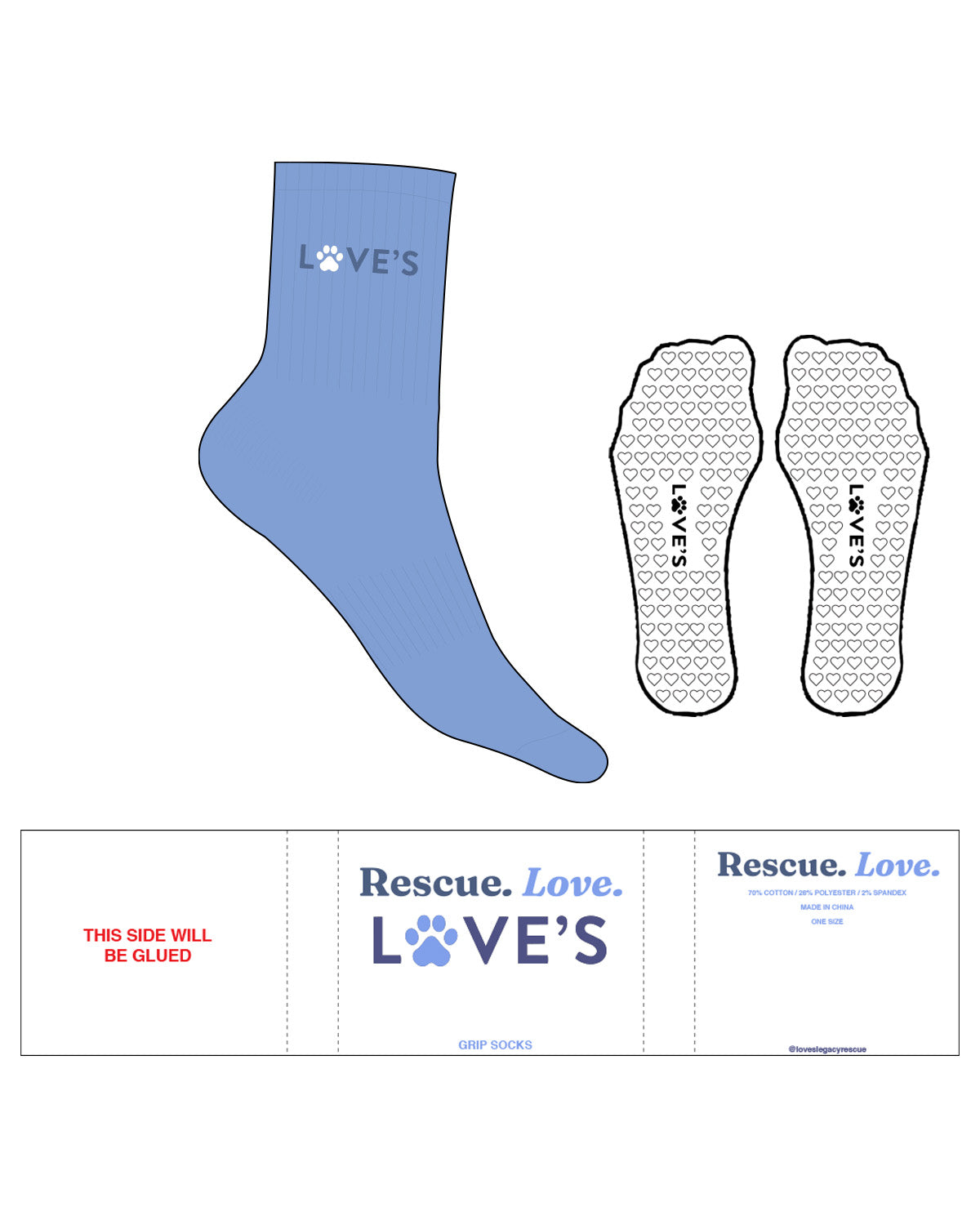 The 3/4 Crew Sock - Vista Blue - LLR - Top - Rain Cloud & White - Heart Grip - Transparent