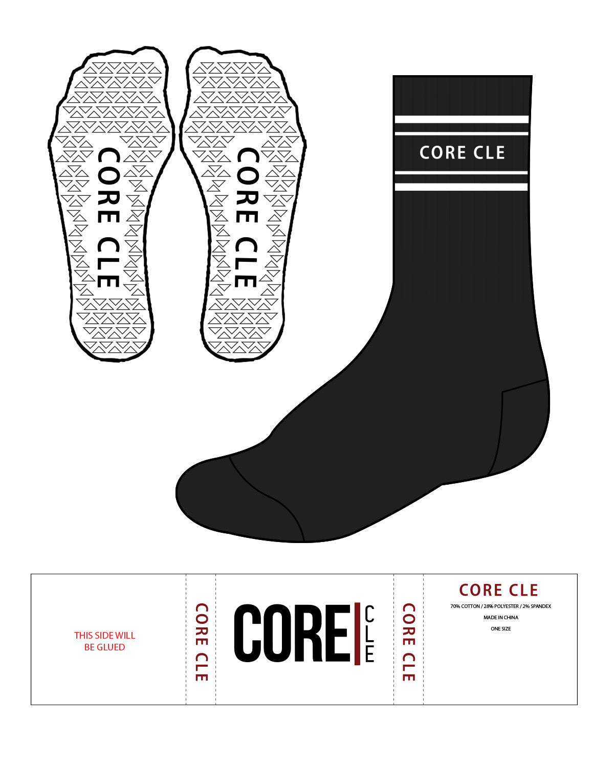 The Crew Sock - Black - Core CLE - Bottom Lining & Triangle Grip - White