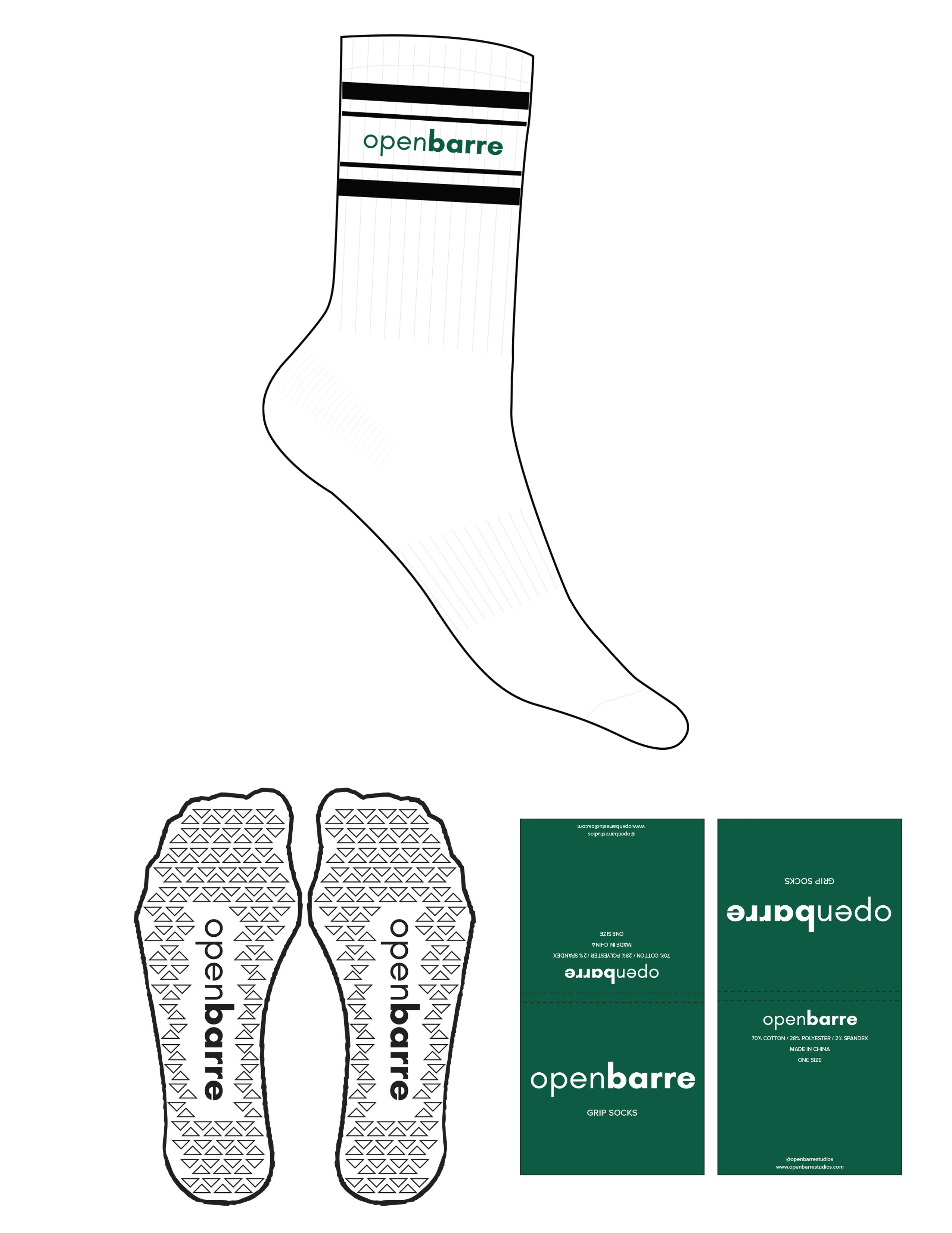 The Crew Sock - White - OPENBARRE - 4 Stripes Black - Top Logo - Green - Triangle Grip - Black