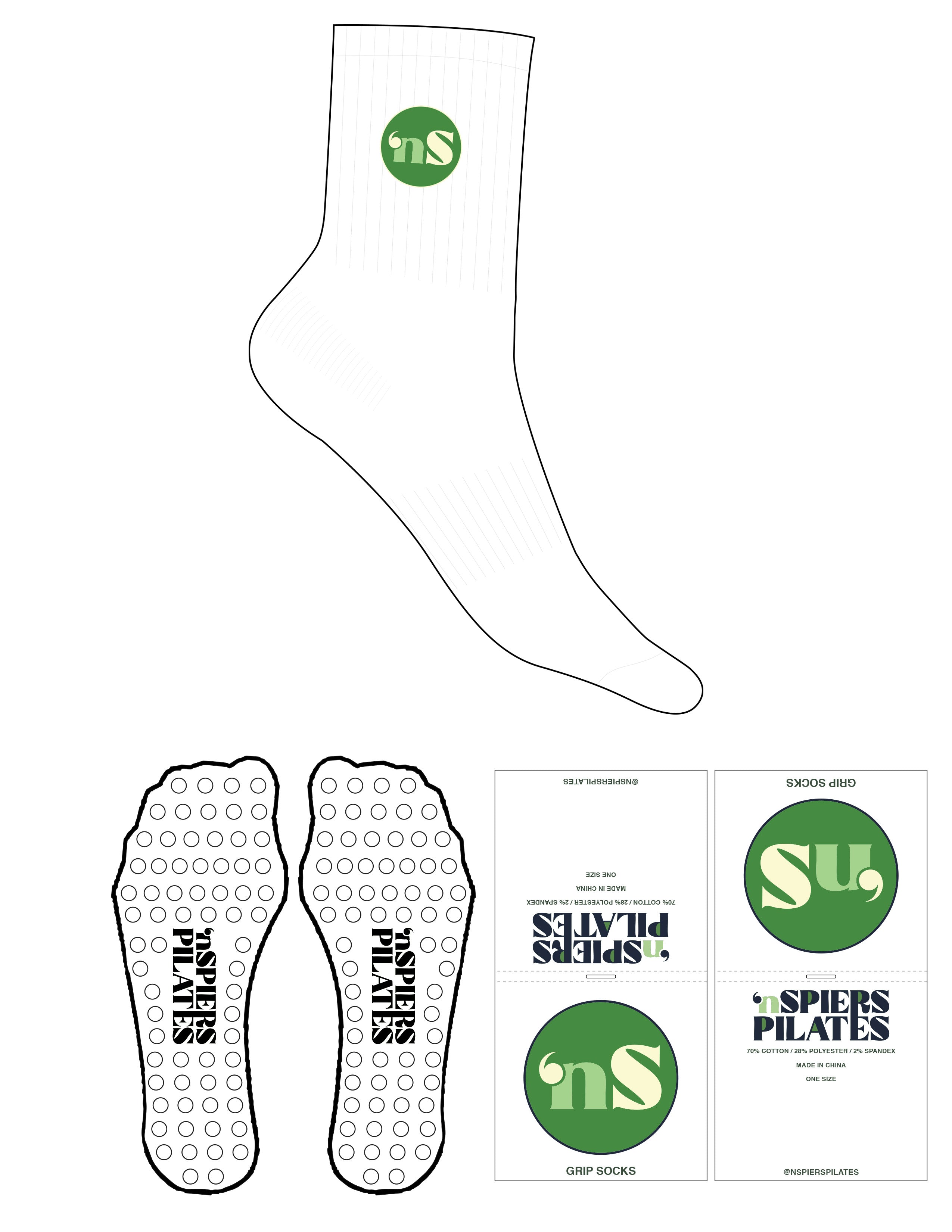 The 3/4 Crew Sock - White - NSpiers - Top Logo - Embroidered - Full Color - Circle Grip - Green