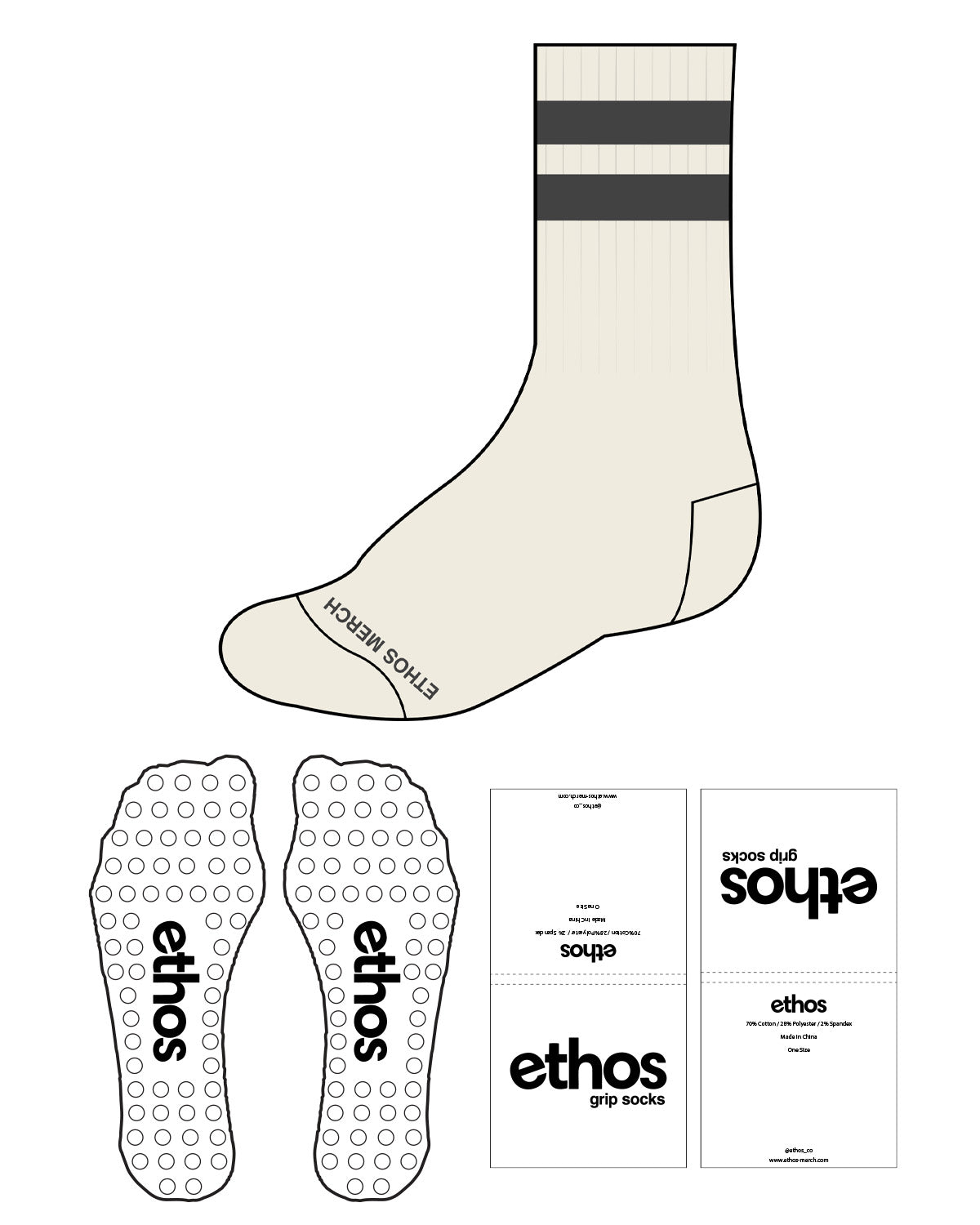 The Crew Sock - Off White - Ethos Socks - Top 2 Lines & Bottom Text - Charcoal - Circle Shape - Transparent Grip