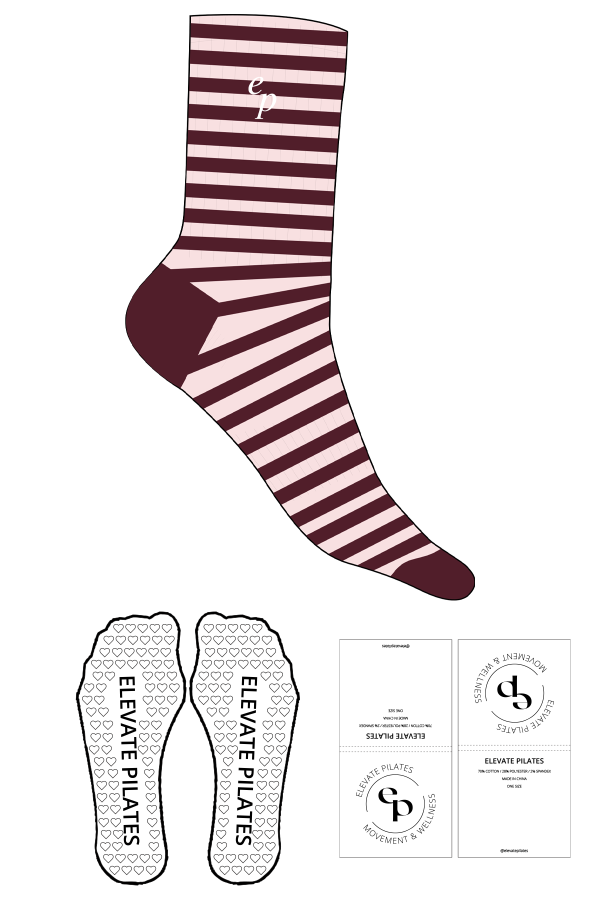 The Crew Sock - Light Pink - Elevate Pilates - Dark Pink Printed Stripes - Top Logo Stacked - Embroidered - White - Heart Grip - Transparent