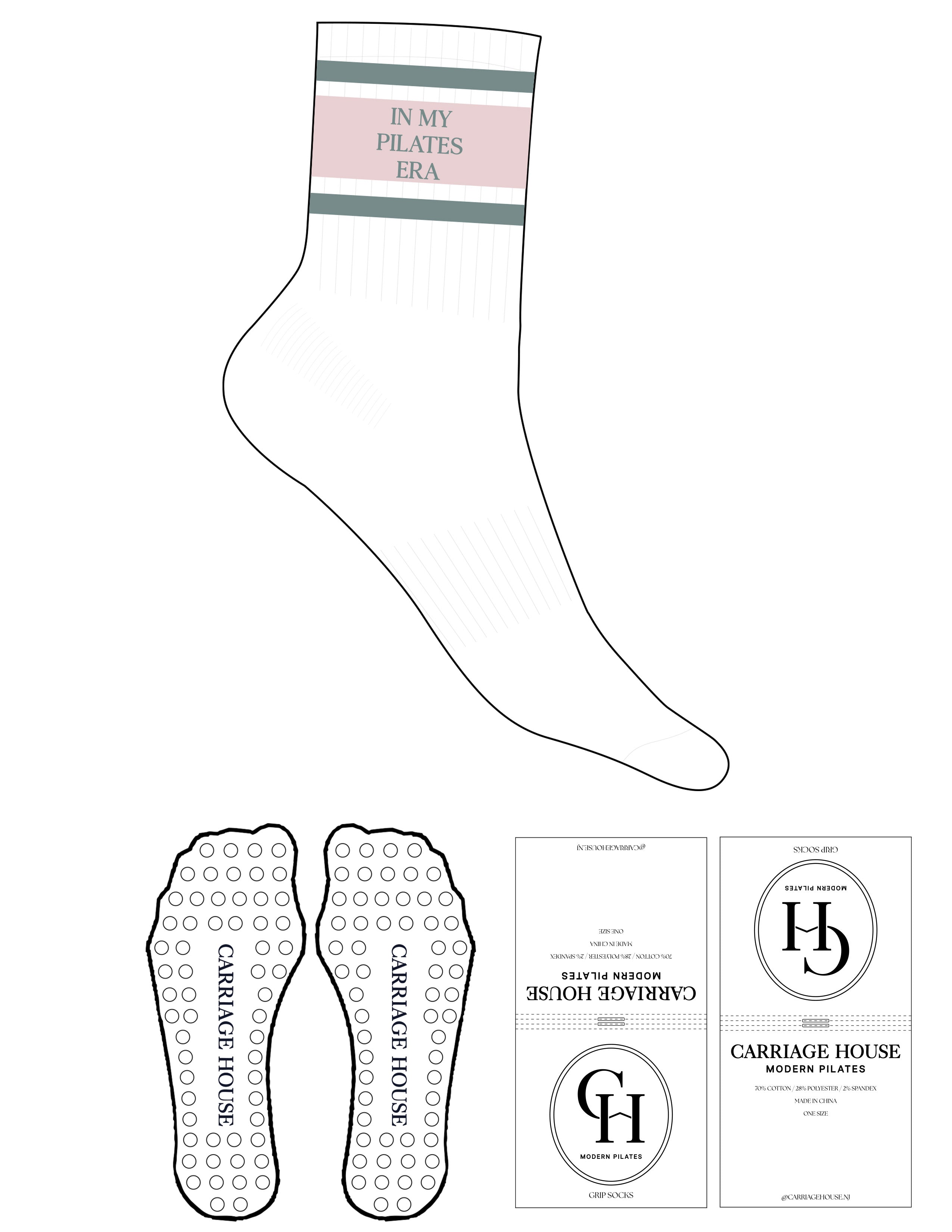 The 3/4 Crew Sock - White - Carriage House - 3 Stripes Coastal & Blushed Ivory - Top Logo Stacked Embroidered - Coastal - Circle Grip - Blushed Ivory