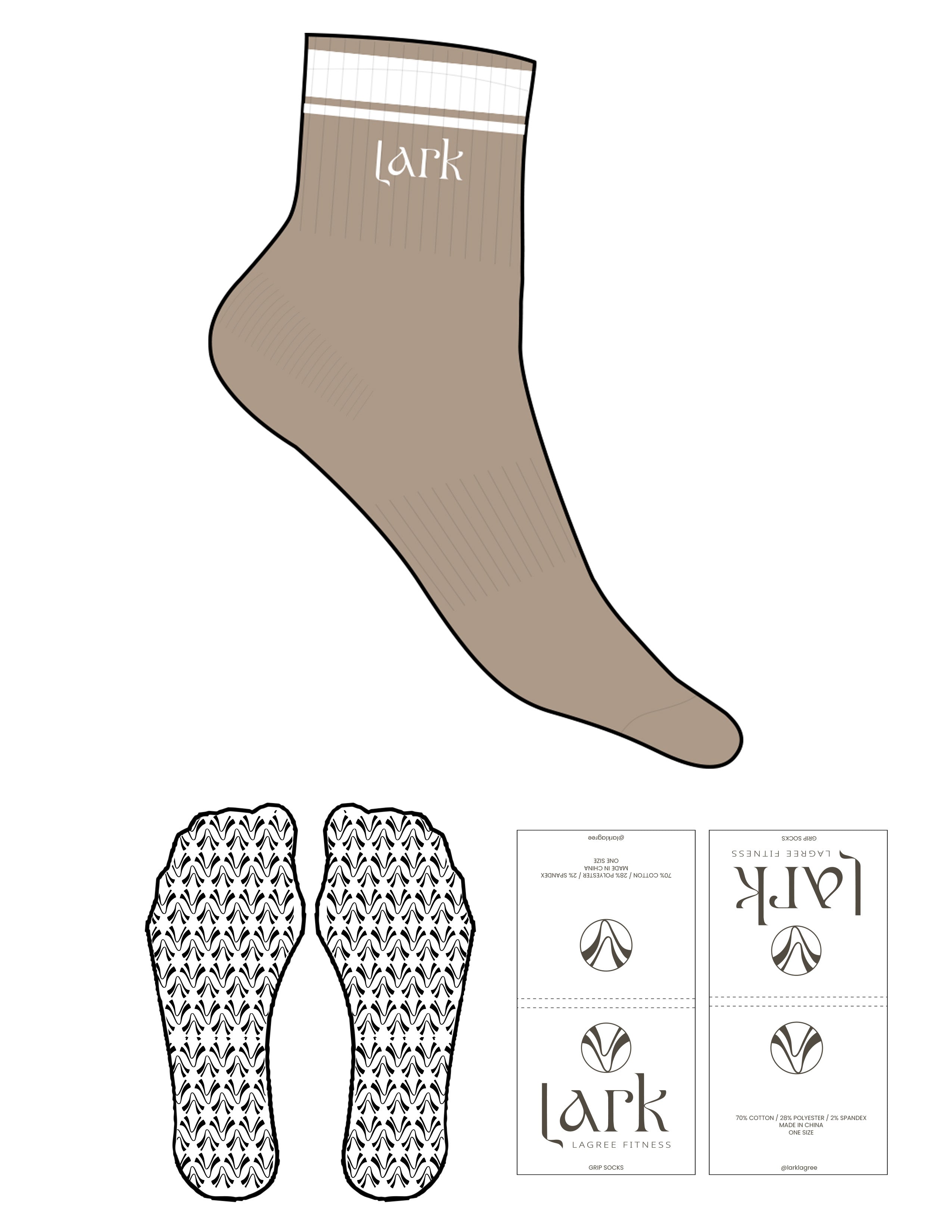 The 1/2 Crew Sock - Oatmilk -  Pure Movement LARK - 2 Stripes - Top Logo Embroidered - White - Custom Grip - White