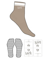 The 1/2 Crew Sock - Oatmilk -  Pure Movement LARK - 2 Stripes - Top Logo Embroidered - White - Custom Grip - White