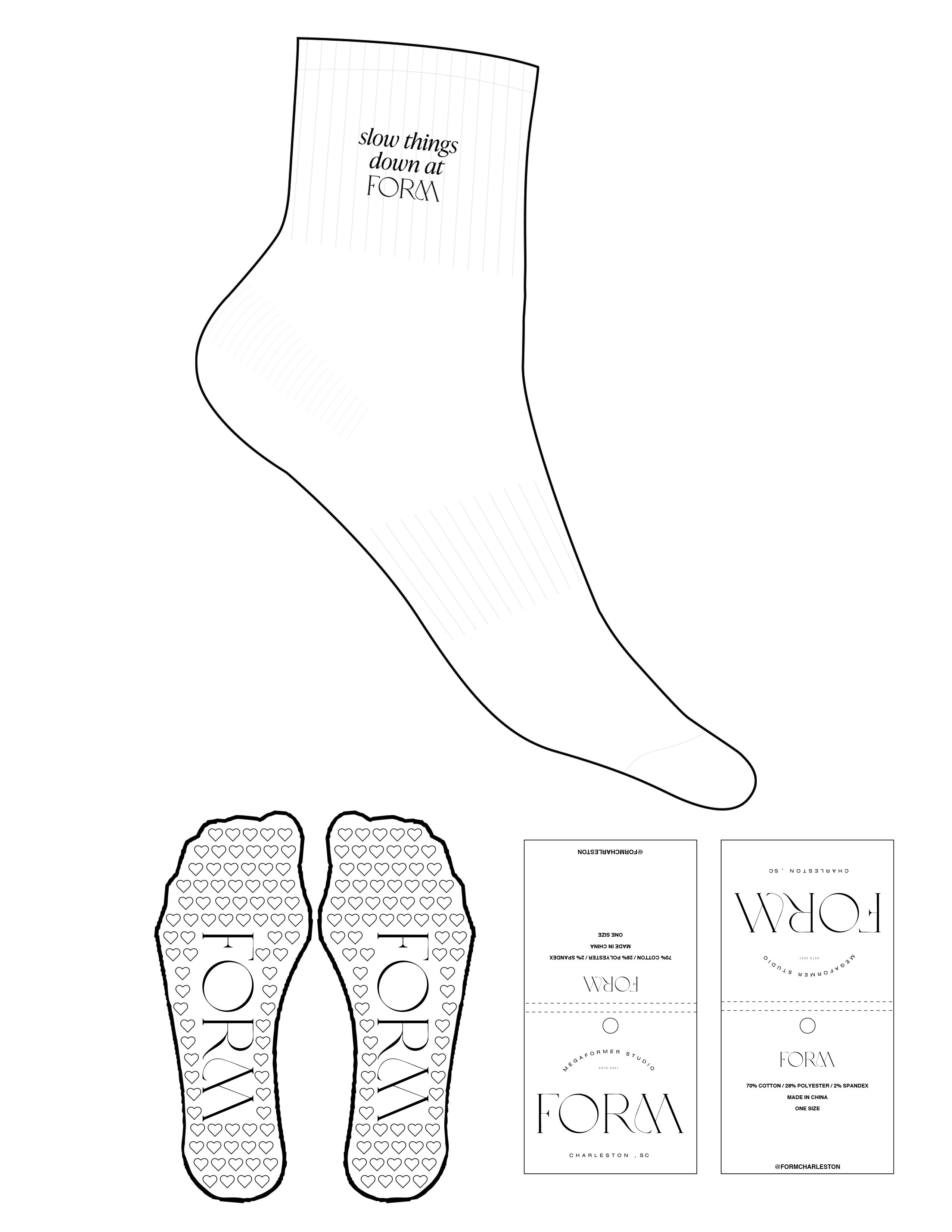 The 1/2 Crew Sock - White - Form Charleston - Top Logo Stacked - Embroidered - Black - Heart Grip - White