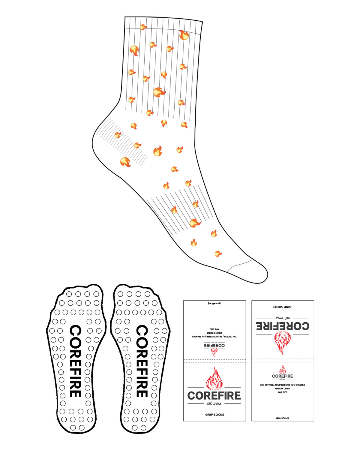The 3/4 Crew Sock - White - Corefire - Fire Emoji - Circle Shape Grip - White