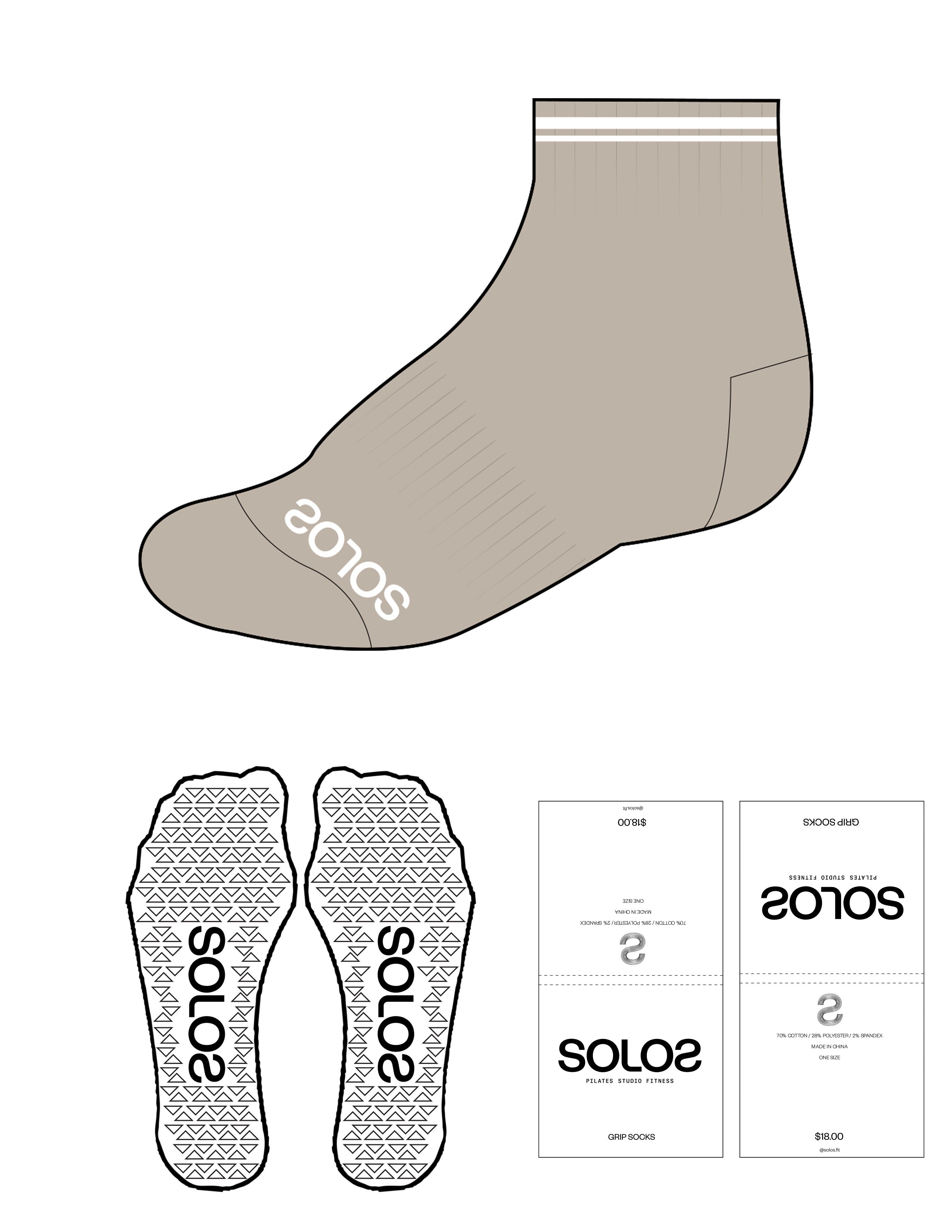 The 1/2 Crew Grip Sock - Tan - Solo Pilates - White Logos / White Bands / White Grip